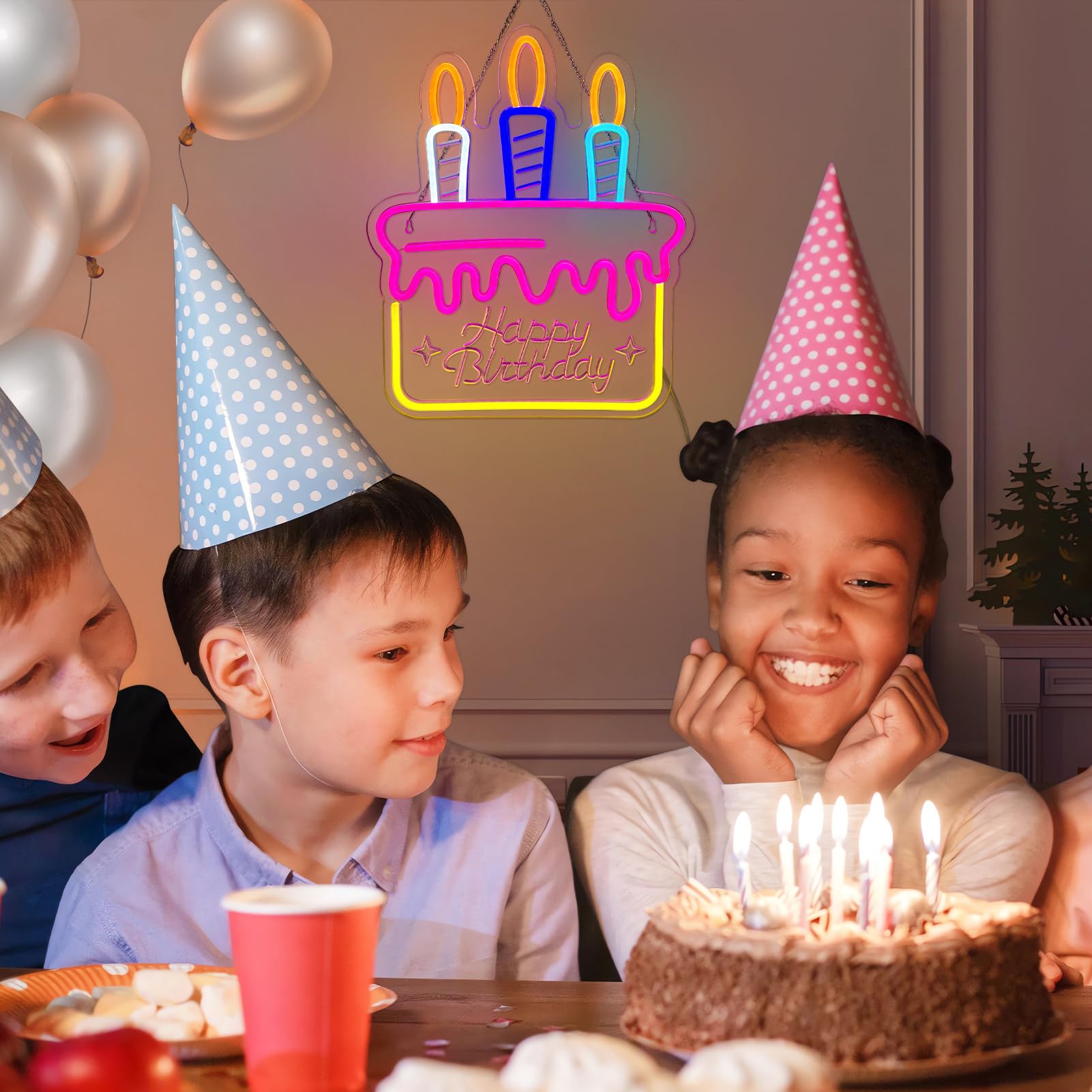 ReyeeInc Happy Birthday Neon Sign, Bright and LED Colored Light up Birthday Sign and USB Powered Dimmable Large Birthday Cake and Candles Sign for Birthday Party Wall Backdrop Decoration (15.5*12.6