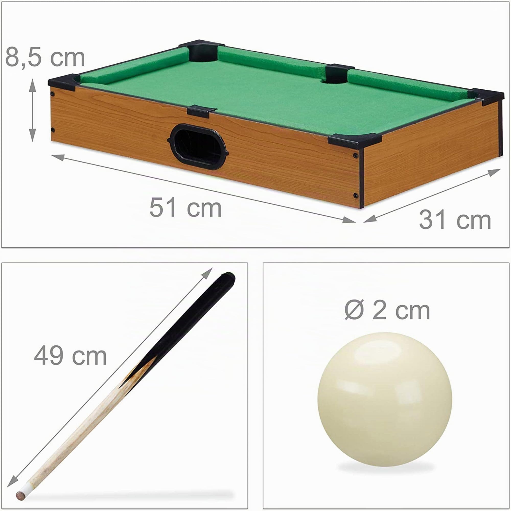 FISHTEC Mini-Billardtisch, mobiler Billardtisch, grüner Filz, 2 Queues, 16 Kugeln, 51 x 34 x 9,5 cm