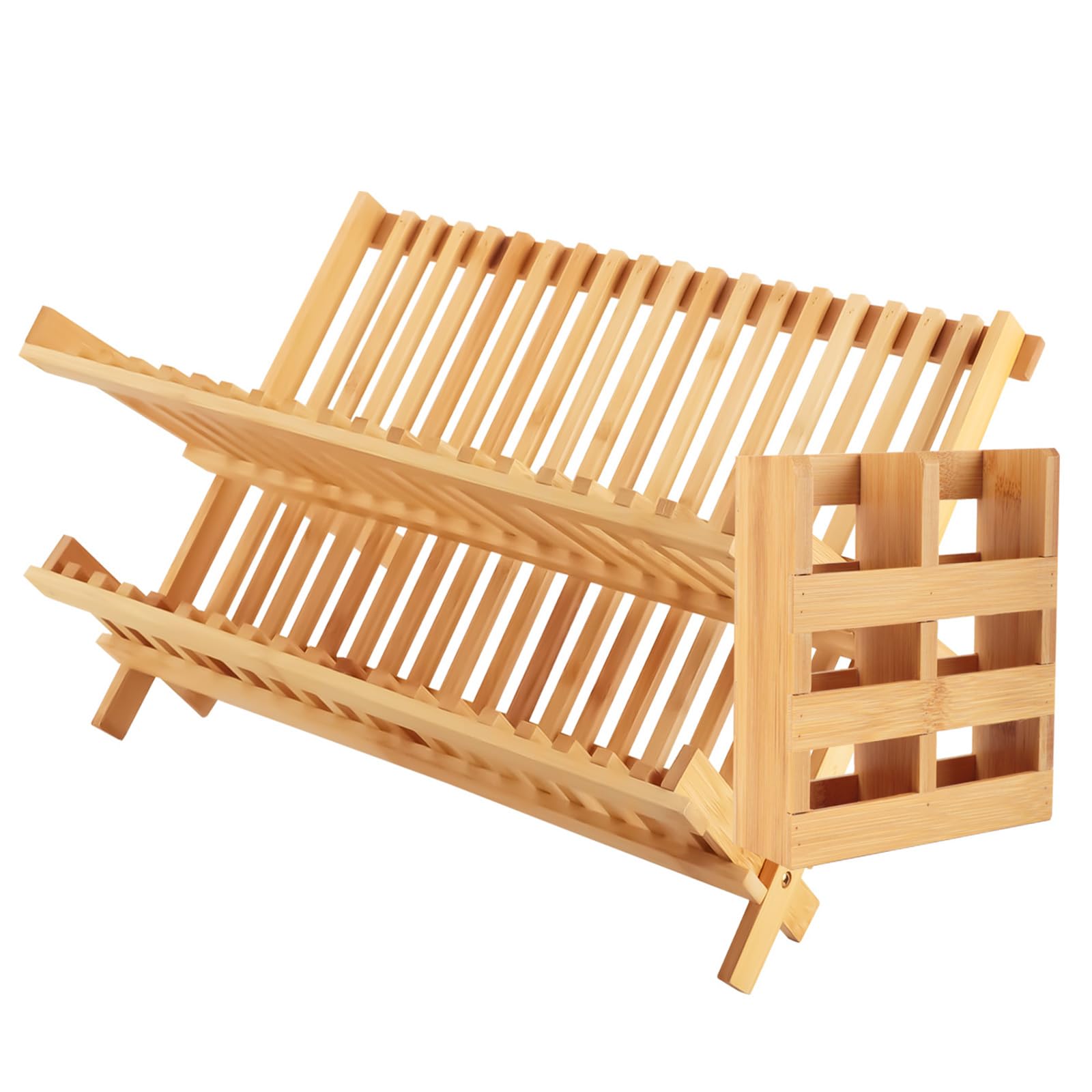 Scolapiatti a 2 ripiani in bambù con porta utensili, pieghevole, in legno, per bancone della cucina, 20 scomparti, ciotola e supporto per piatti, 26 x 42 x 24 cm