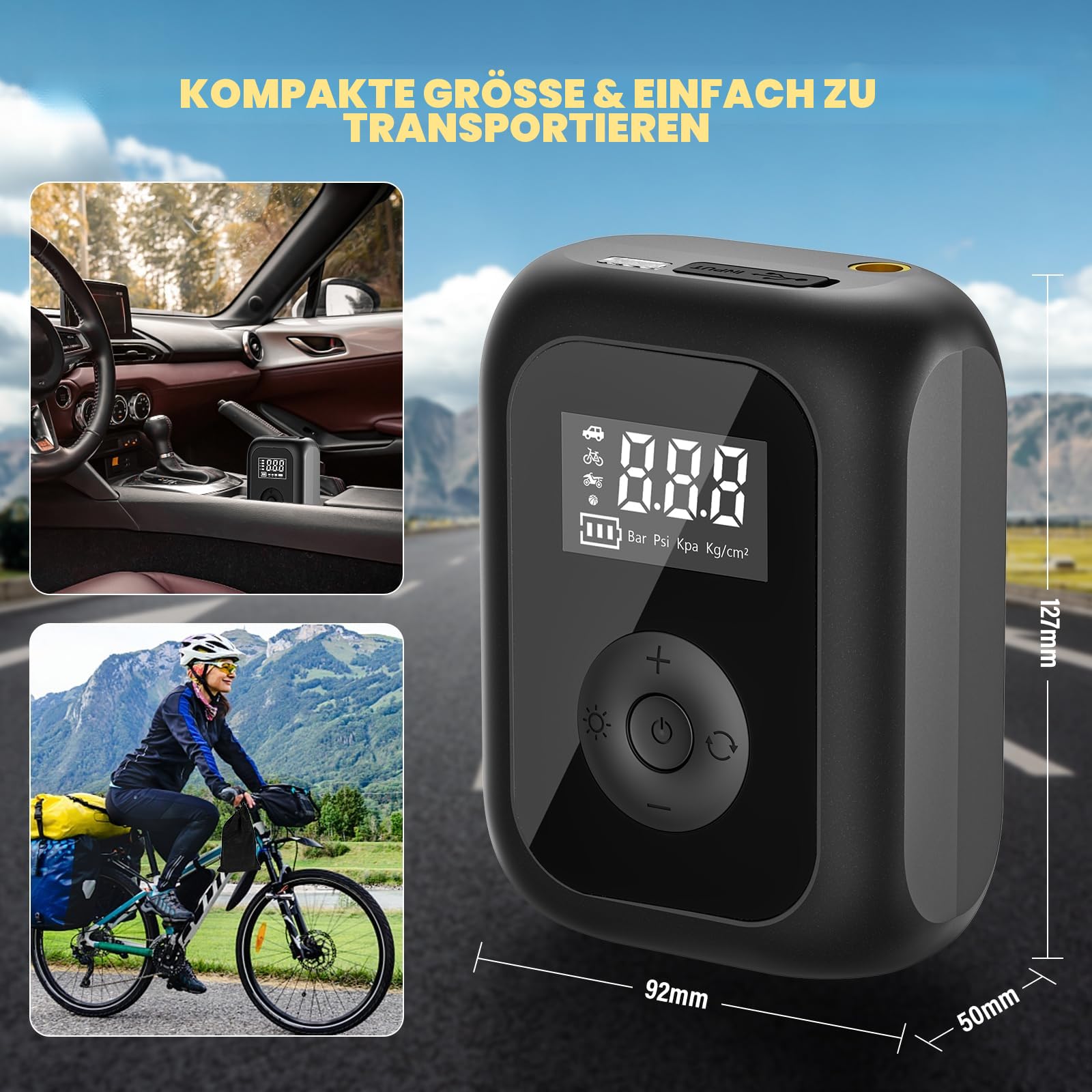 Mini Compresor Eléctrico De Aire 150PSI Con Batería 6000mAh – 4 Modos, Pantalla LCD, Linterna LED Y Apagado Automático, Para Coche, Moto, Bicis Y Pelotas