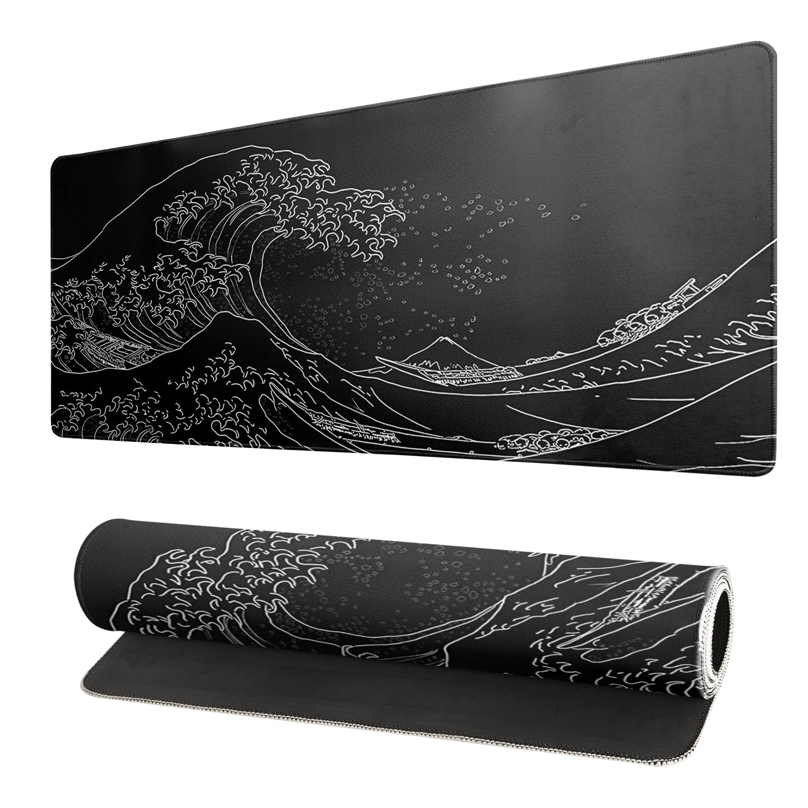 Japanese Gaming Mouse Pad Abstract Black Mouse Pad 31.5x11.8 Inch Black Sea Wave Texture Non-Slip Rubber Base Large Ocean Mousepad Stitched Edges