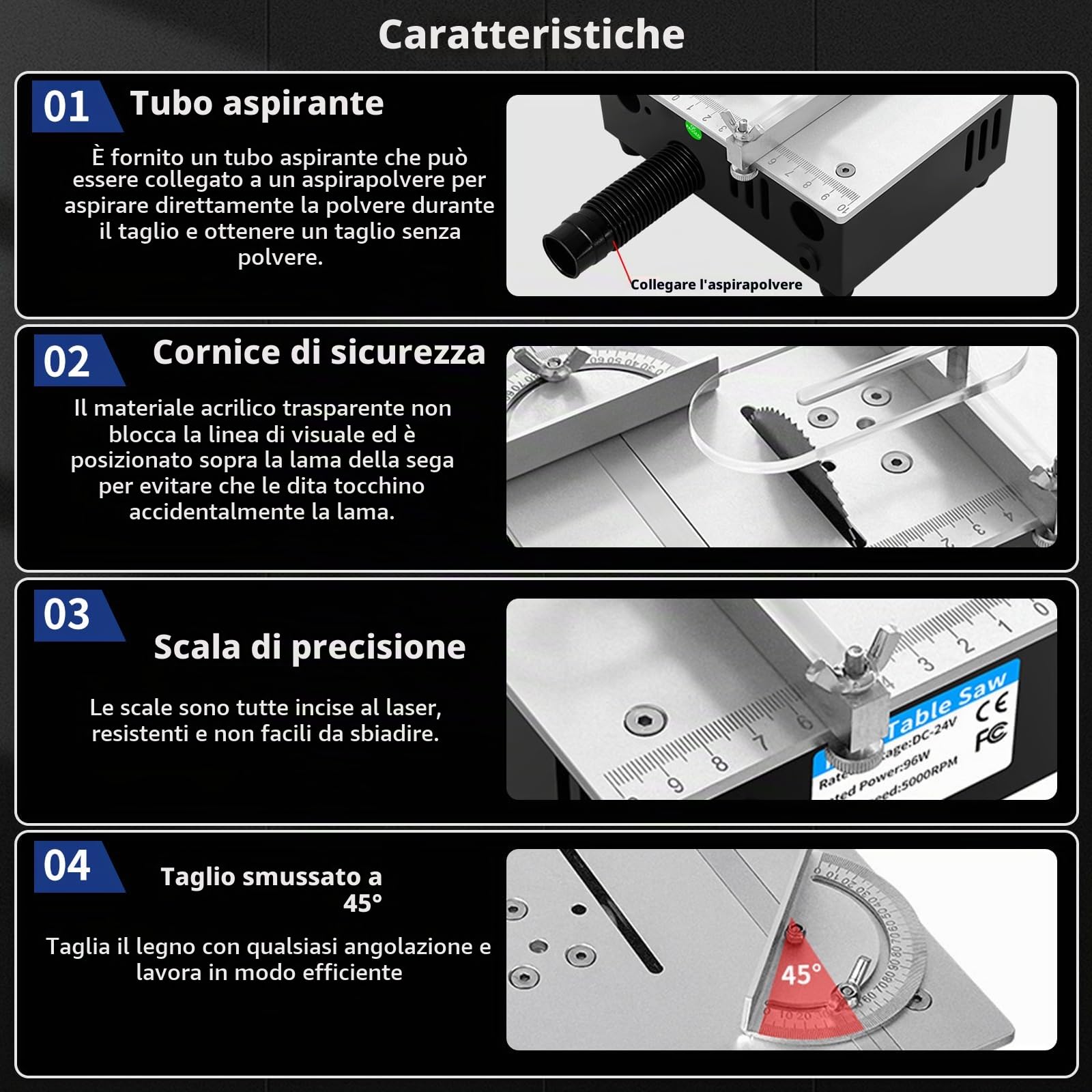 Mini Sega Circolare da Tavolo, Mini Sega da Tavolo di Precisione Portatile 96 W, Alimentatore a 7 Velocità, Lama Regolabile da 0,1 a 15 mm, Multifunzionale per Progetti di Falegnameria DIY