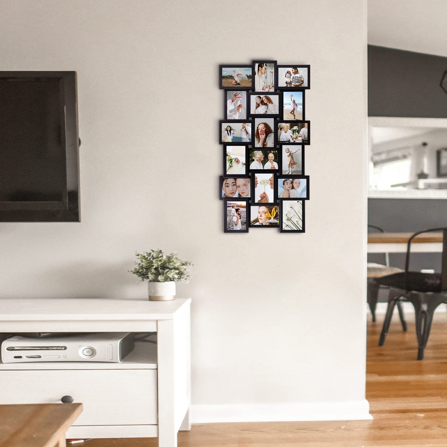 Condition photo showing New/Like New for jm-deco picture frames collage 18-opening for wall decor, reunion friends family college picture frame, memory photo frames collage 4x6 for homie, gallery puzzle collage wall hanging for 4x6| black