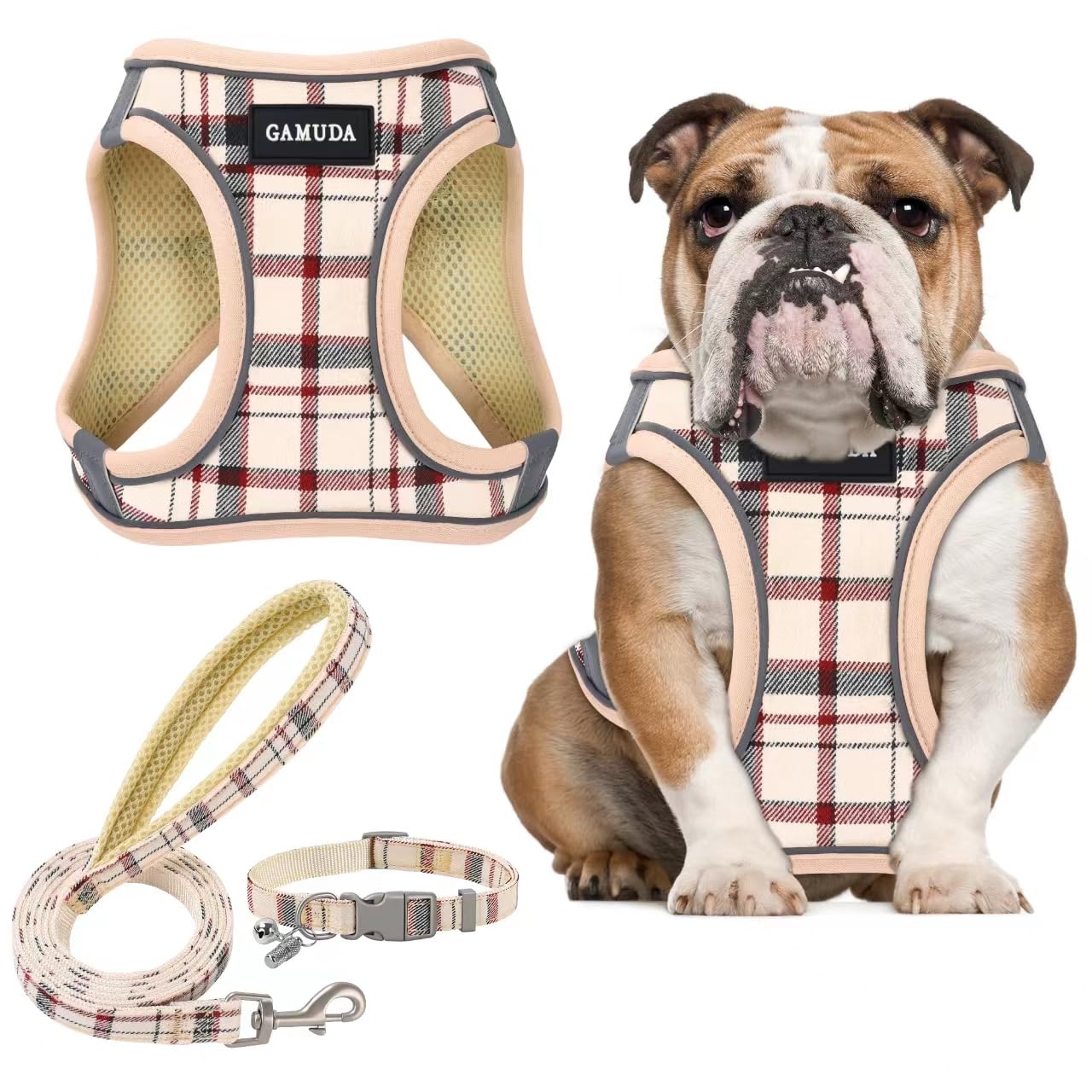 GAMUDA Small Dog Harness Collar and Leash Set, Step in No Chock No Pull Soft Mesh Adjustable Dog Vest Harnesses Plaid Reflective for Dogs Puppy Cats
