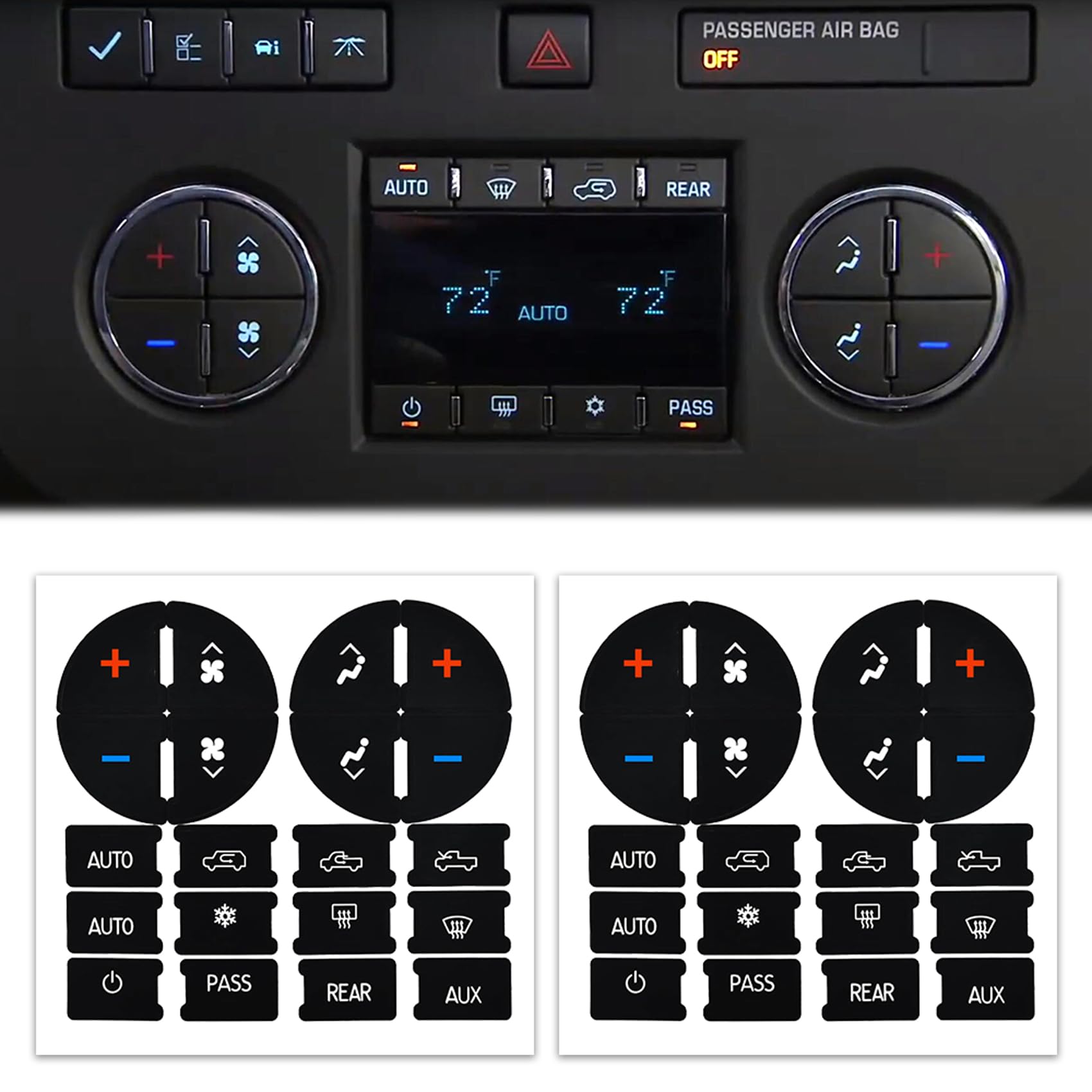 2PCS AC Dash Button Repair Kit, AC Panel Decals & Radio Button Repair Decal Set, Decal Replacement for Ruined Faded A/C Controls, Car Interior Accessories Fit for Chevy, 07-14 GM Vehicles