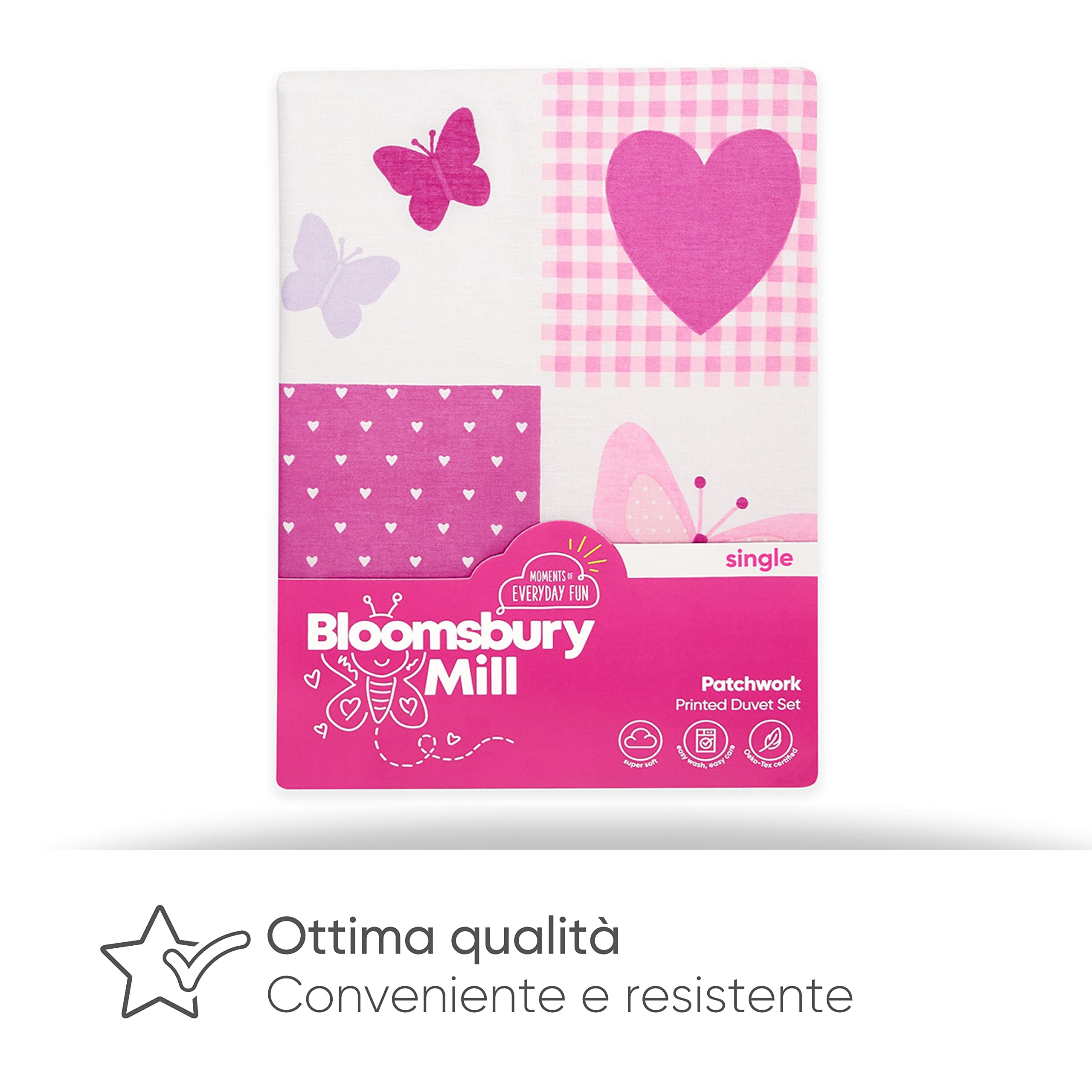 Bloomsbury Mill - Patchwork Con Cuori e Farfalle - Set Di Biancheria Da Letto Per Bambini - Rosa e Lilla - Copripiumino 135 cm x 200 cm e Federa Per Letto Singolo