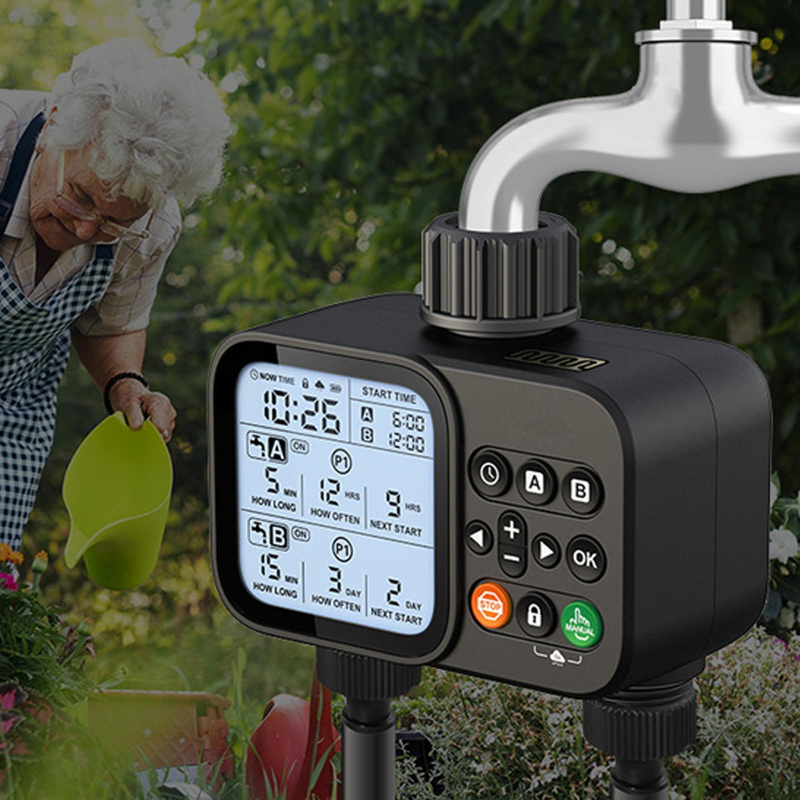 Programmateur Arrosage Étanche IP54 2 Sorties, Minuteur Arrosage Automatique avec Retard de Pluie et Grand Écran LCD