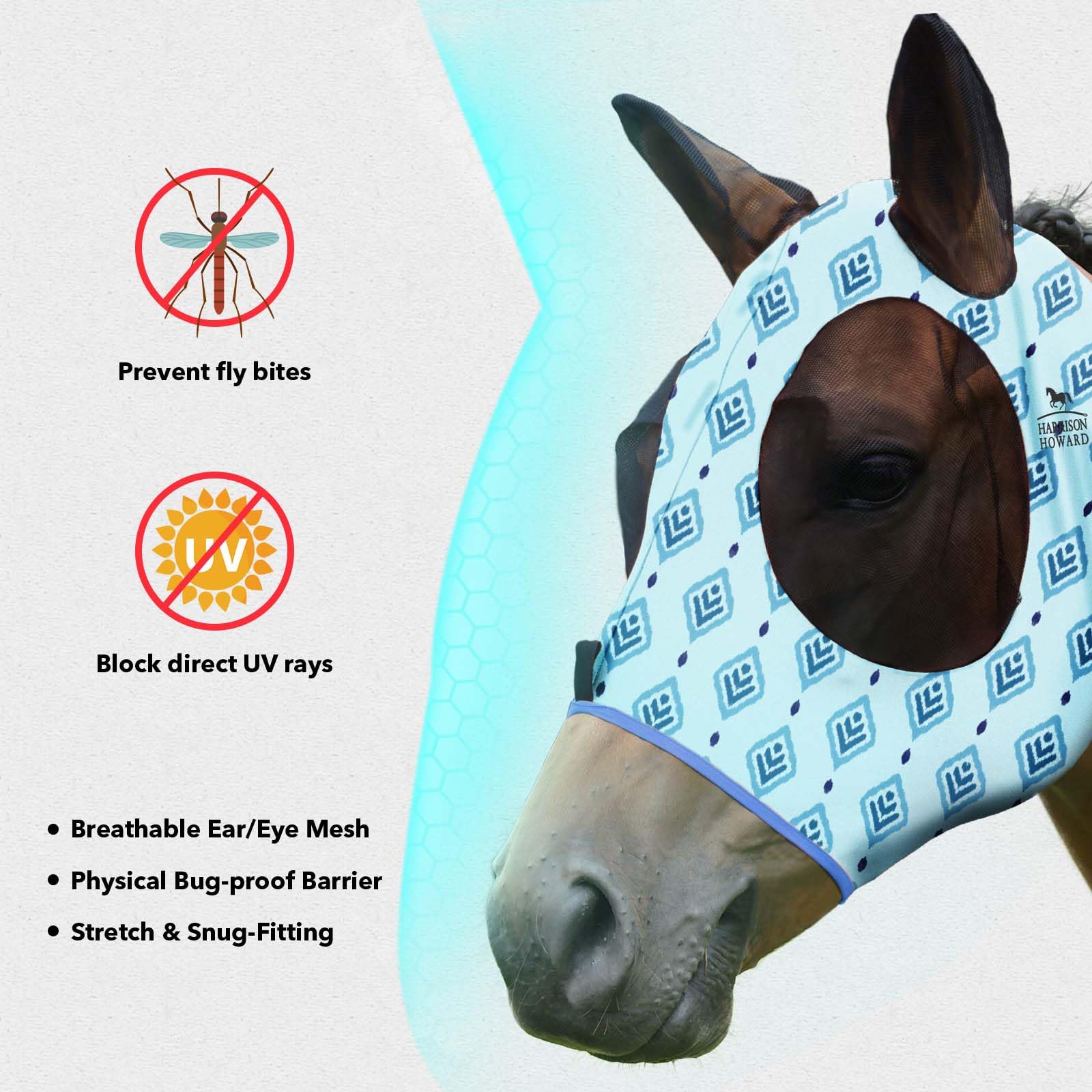 Harrison Howard Super Comfort Stretchy Fly Mask Large Eye Space with UV Protection Soft on Skin with Breathability- Azure Blue M — view 49
