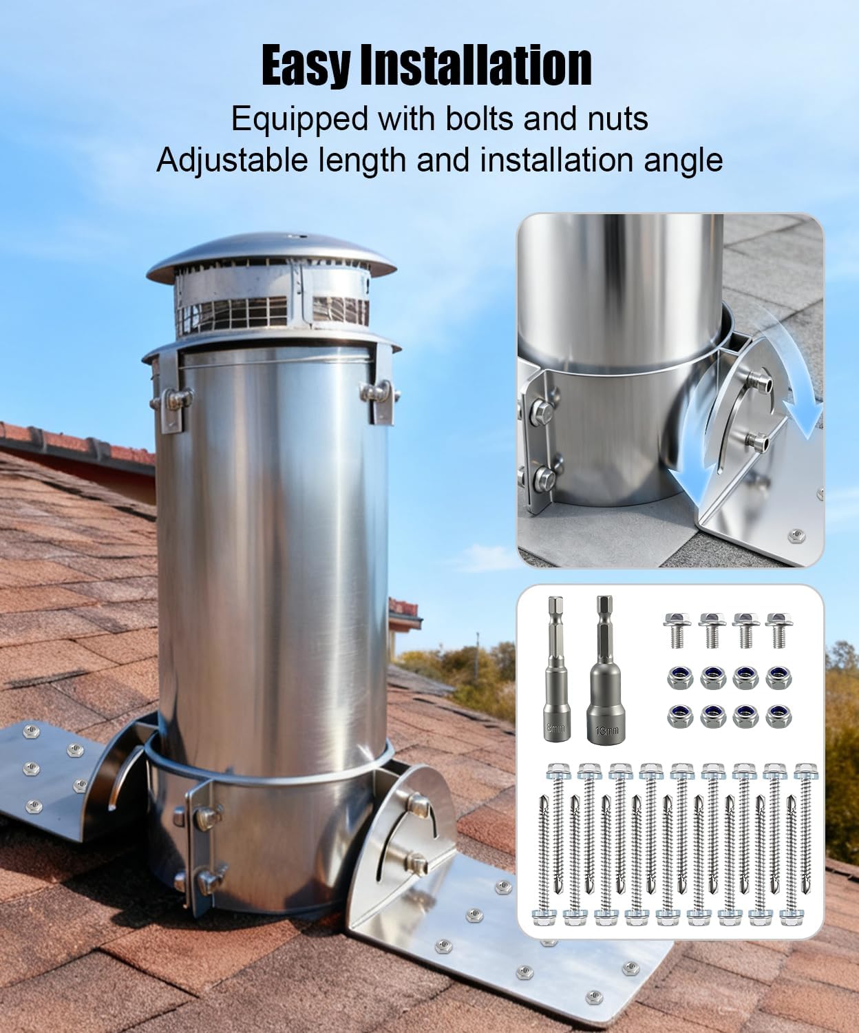 8 Inch Chimney Roof Support Bracket Adjustable Chimney Pipe Brackets Kit with Mounting Hardware for Double Wall Insulated Stove Pipe, Roof Brace for Wood Stove Venting