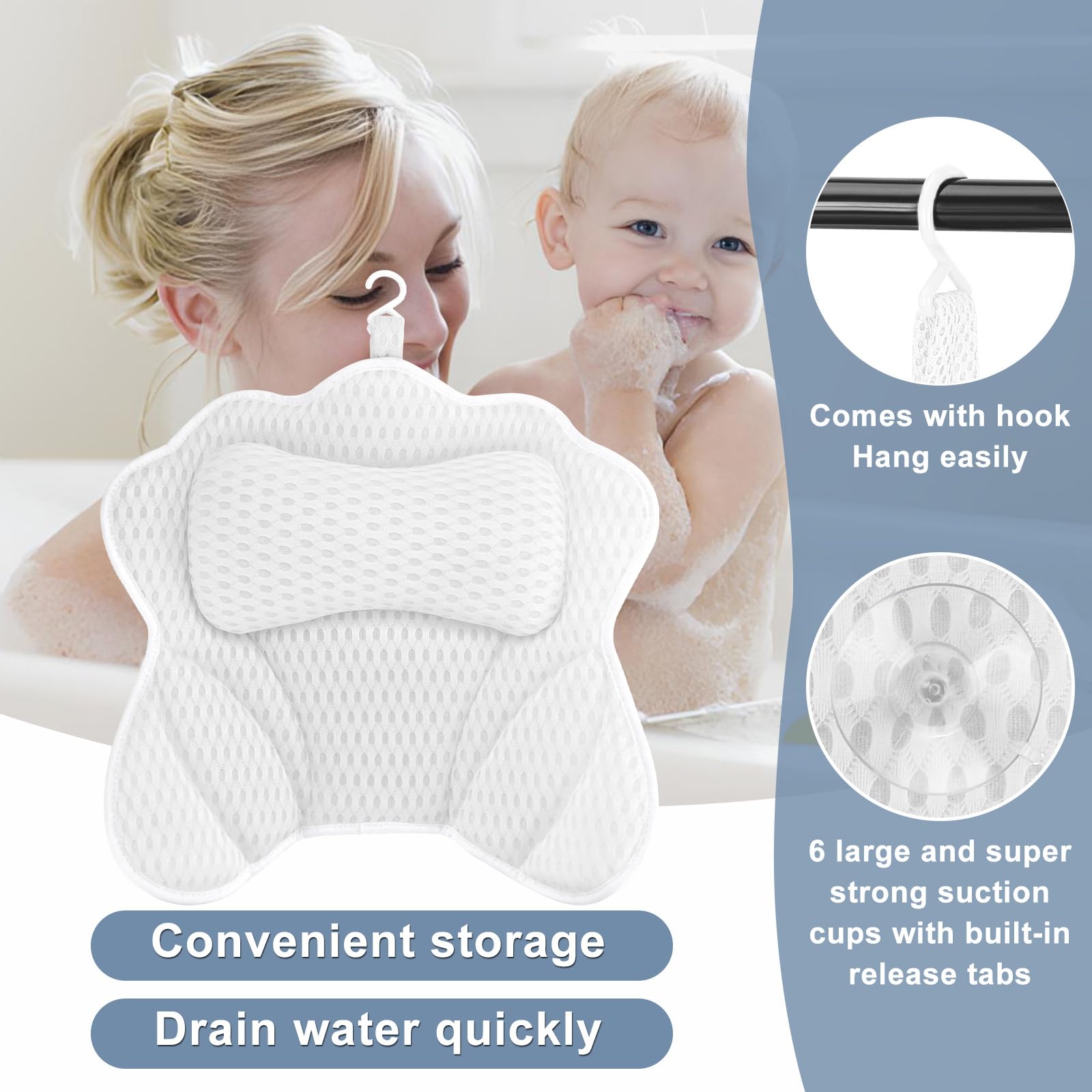 Almohada de Baño Malla 4D Cojín de Bañera con 6 Ventosas Antideslizantes Ergonómica para SPA en Casa