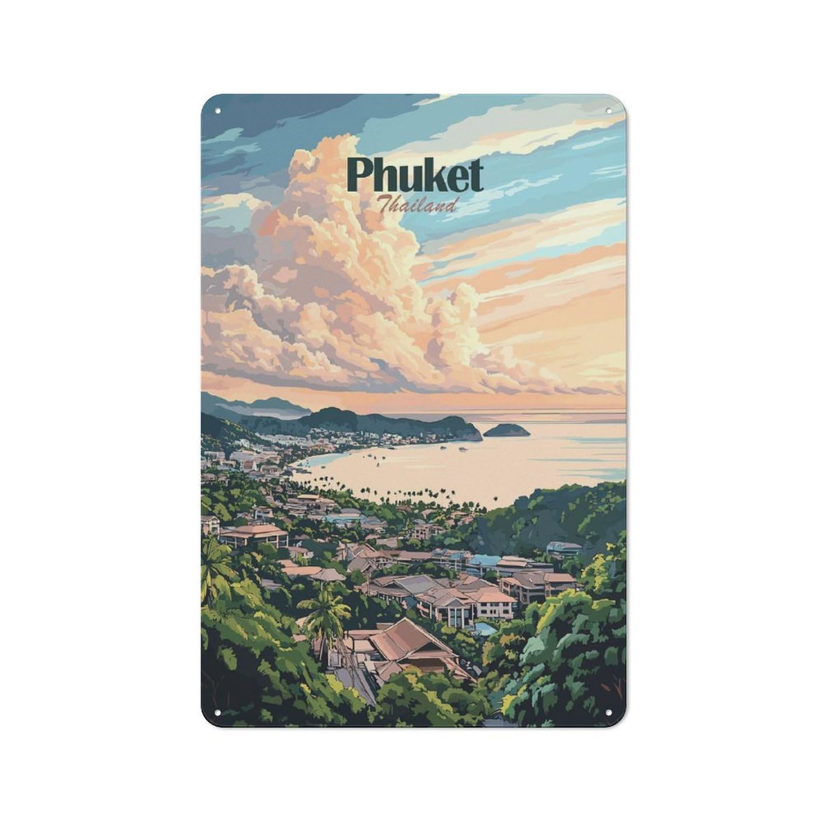 Junmoney Style-11 Rustic Tin Sign 30X20cm Featuring Phuket, Thailand Sunset For Living Room Wall, For Room Styling Across Living Rooms And Feature Walls