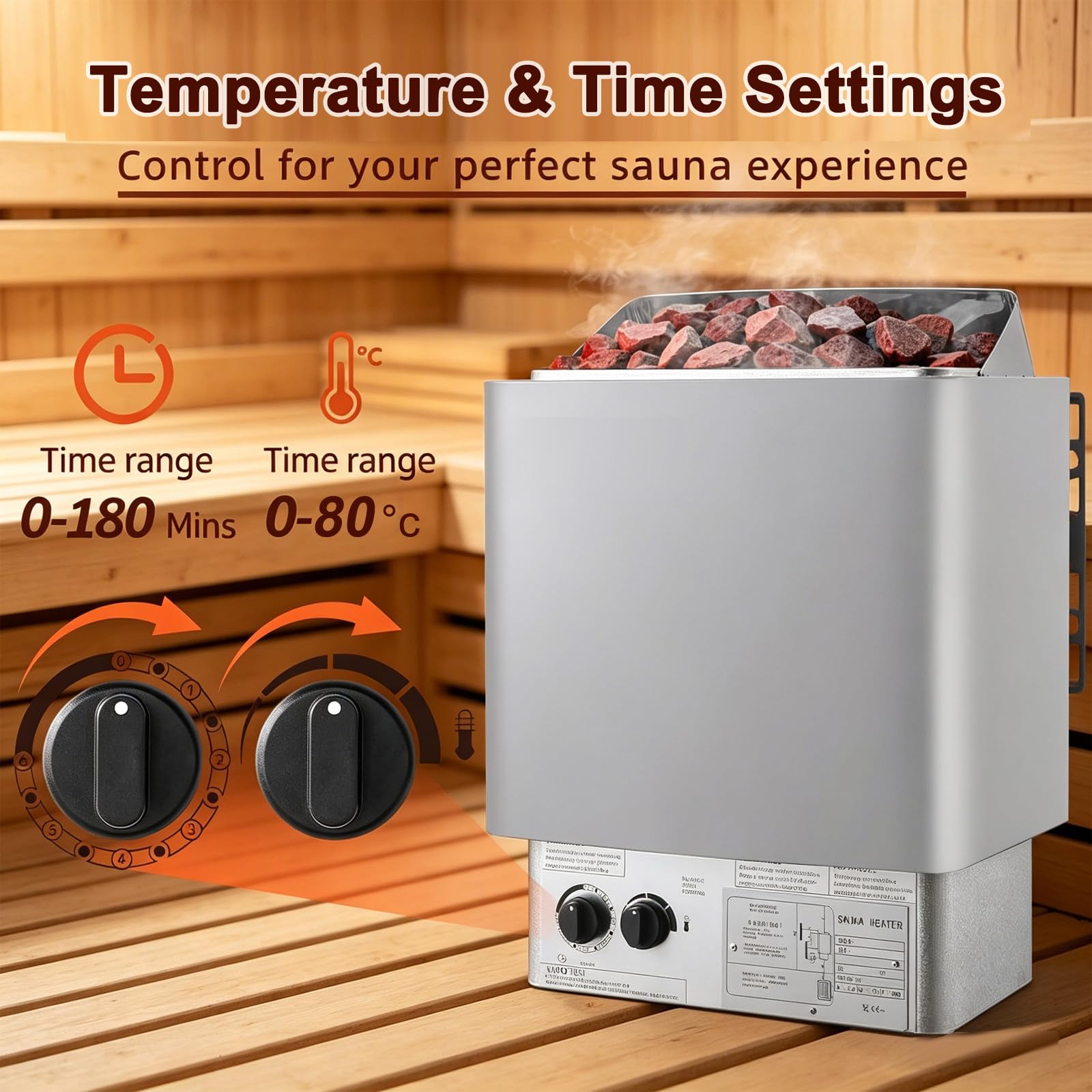 3-9KW Estufa Sauna Eléctrico 220V Calentador Sauna de Vapor Seco con Controlador Interno y Temporizador para Casa Hotel Sala de Sauna SPA Cuarto de Baño 4.5KW