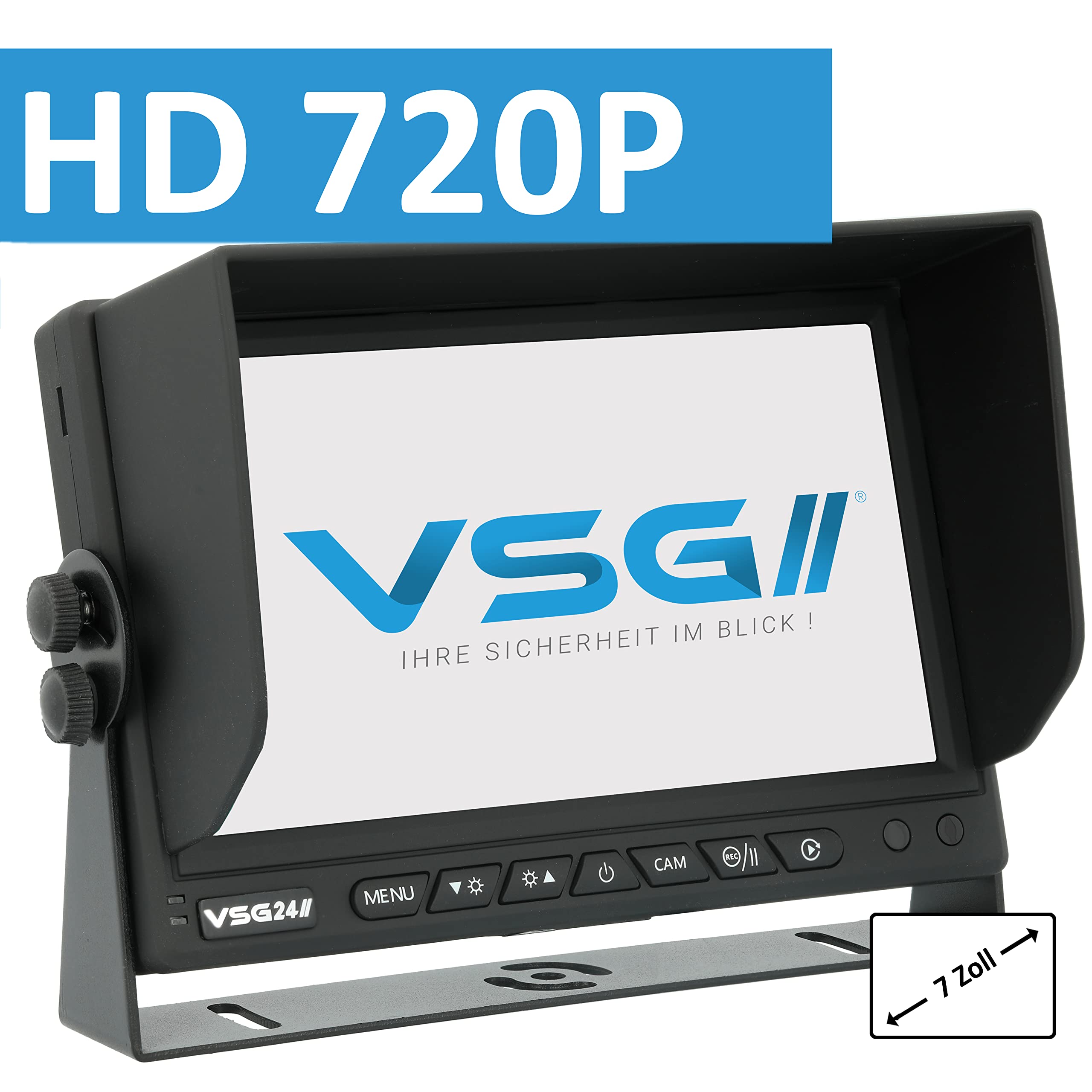 VSG24 Rückfahrmonitor MULTISCREEN HD – 1080P Monitor für Rückfahrkamera mit Split-Screen, Loop-Aufnahme, Rückspiegelfunktion, Trigger, 4 Kamera Eingänge, Einparkhilfe für Auto, LKW, Wohnmobil