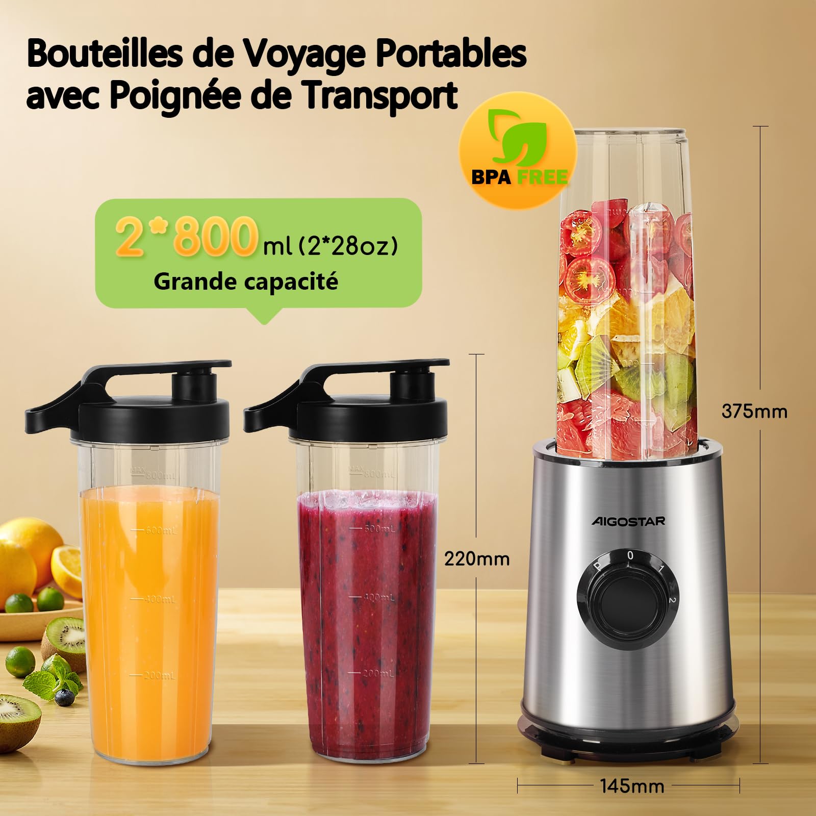 Aigostar Blender Portable, Mixeur Blender avec 2 Bouteilles Portables de 800ml, pour Smoothie Milk-shake Fruits, Puissant 600W. Sans BPA. avec Couvercle pour Maison, Camping et Voyage.