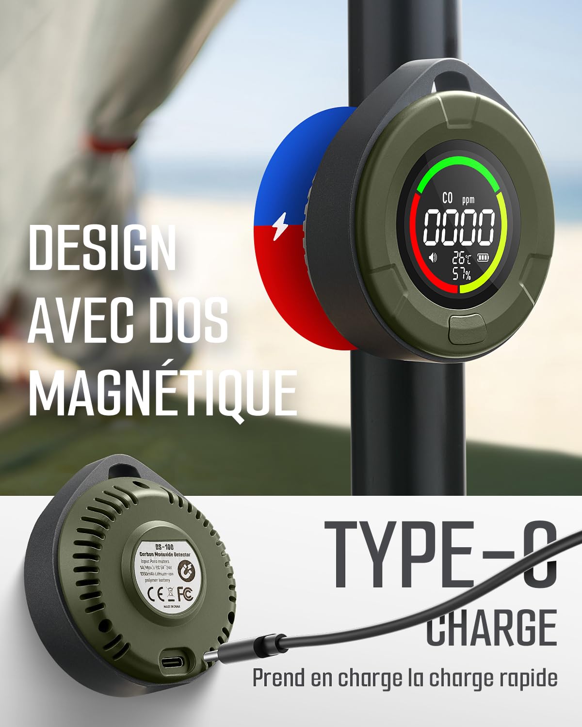 Détecteur de monoxyde de Carbone Portable GasDoc DS-100, détecteur CO 3-en-1 pour Voyage & Camping, mètre Rechargeable avec Alerte sonore & visuelle, Alarme pour Maison & Voiture - Forêt Sombre