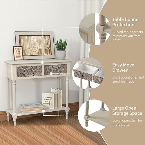 Miniatura 6 de SUNBURY Mesa consola vintage de 31.5 pulgadas de ancho con 2 cajones, mesa de entrada pequeña con estantes de almacenamiento de 2 niveles, mesa