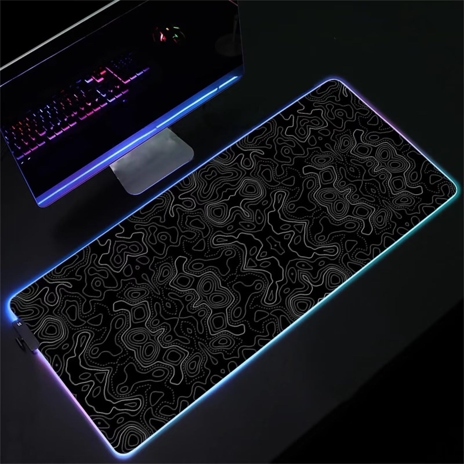 Topografía Negra RGB Alfombrilla de ratón para Juegos 900x400x4mm Alfombrilla Ratón Grande Alfombrilla de Escritorio LED con Base de Goma Antideslizante para Gamers PC y Portátil
