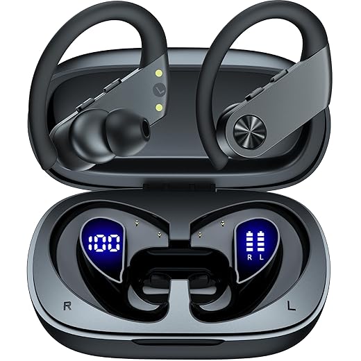 Earbuds 110H Playtime Bluetooth Headphones Wireless Earbuds with 2200mAh Charging Case Dual LED Display Ear Buds with Earhooks Over Ear Headphones Waterproof for Workout Sport Laptop TV Phone Black