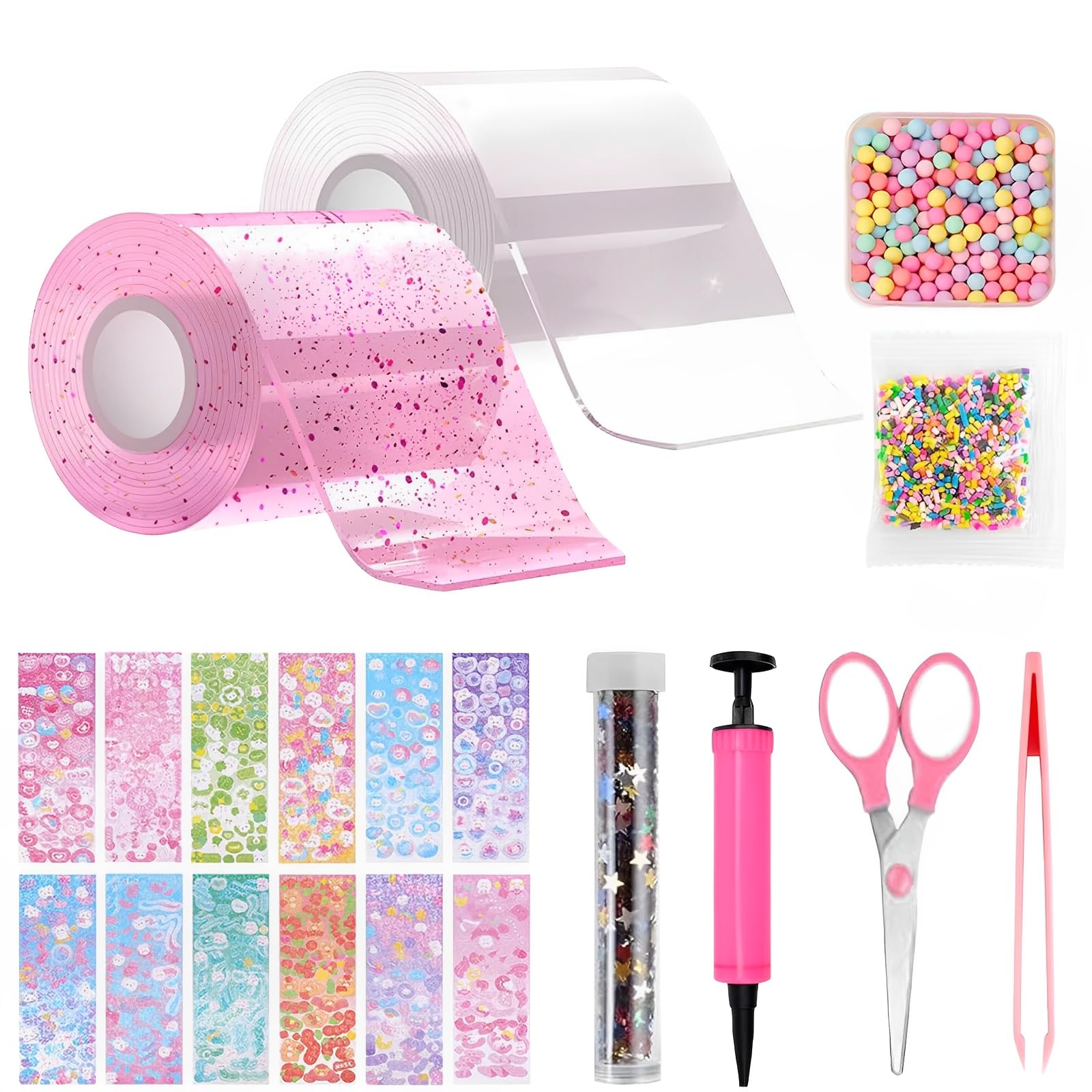 20Pcs Nano Tape Bubbles Kits de Loisir Creatif Enfant,Double Face Transparent, Ruban adhésif Nano pour Faire des Bulles avec Autocollant à Paillettes(Transparente+Rose)