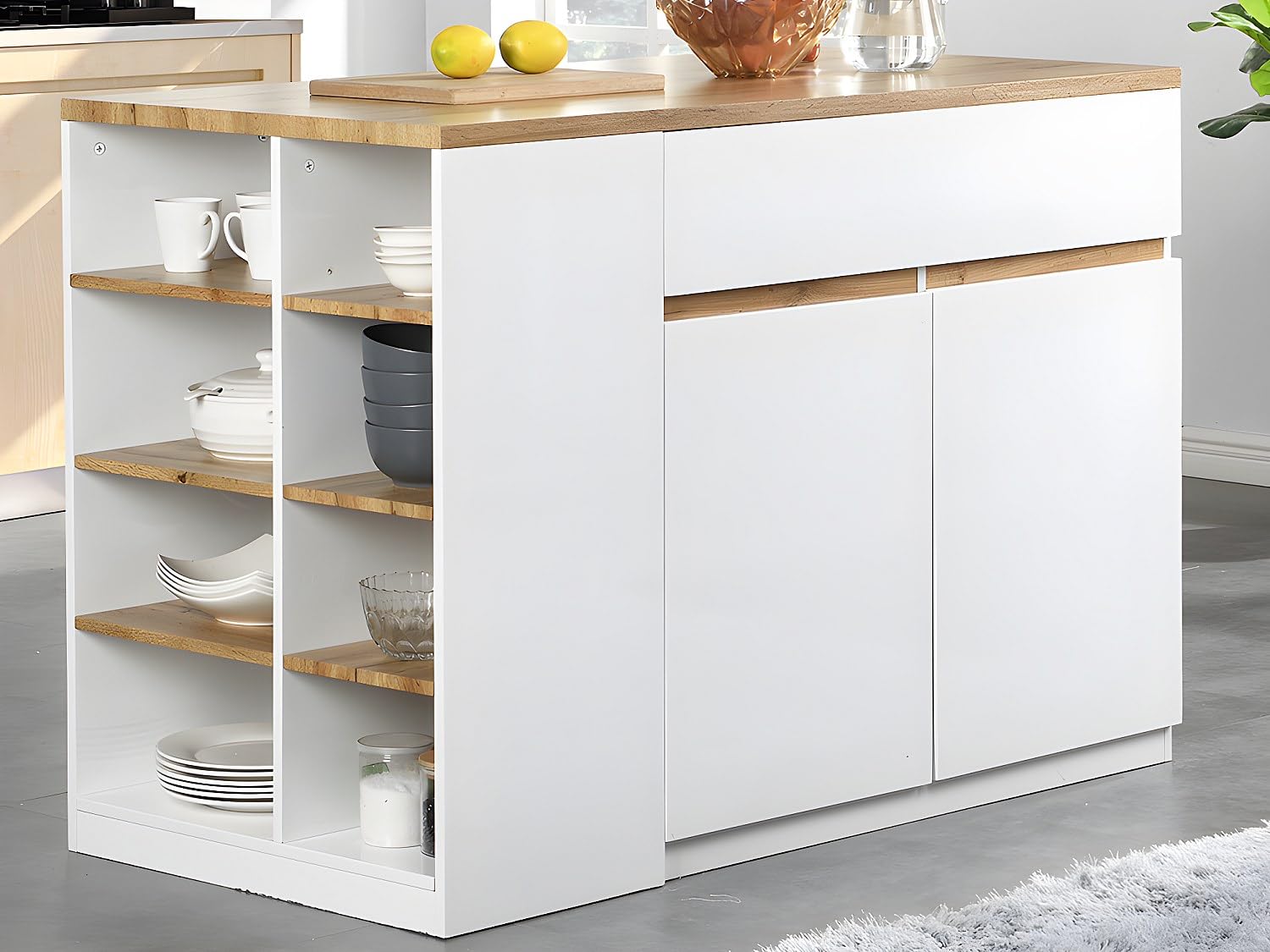 Venta-Unica - Isla de Cocina Meili con Compartimentos - Blanco y Roble