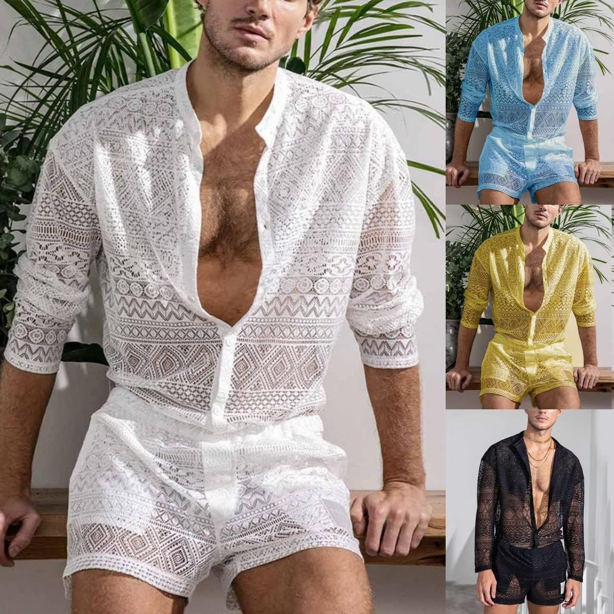 Camisa + Pantalones Cortos para Hombres Conjuntos de Top y Pantalones Cortos Juego de Dos Piezas Manga Larga Casual Conjunto Sexy Perspectiva Ropa de Playa Traje de Verano Cómodo