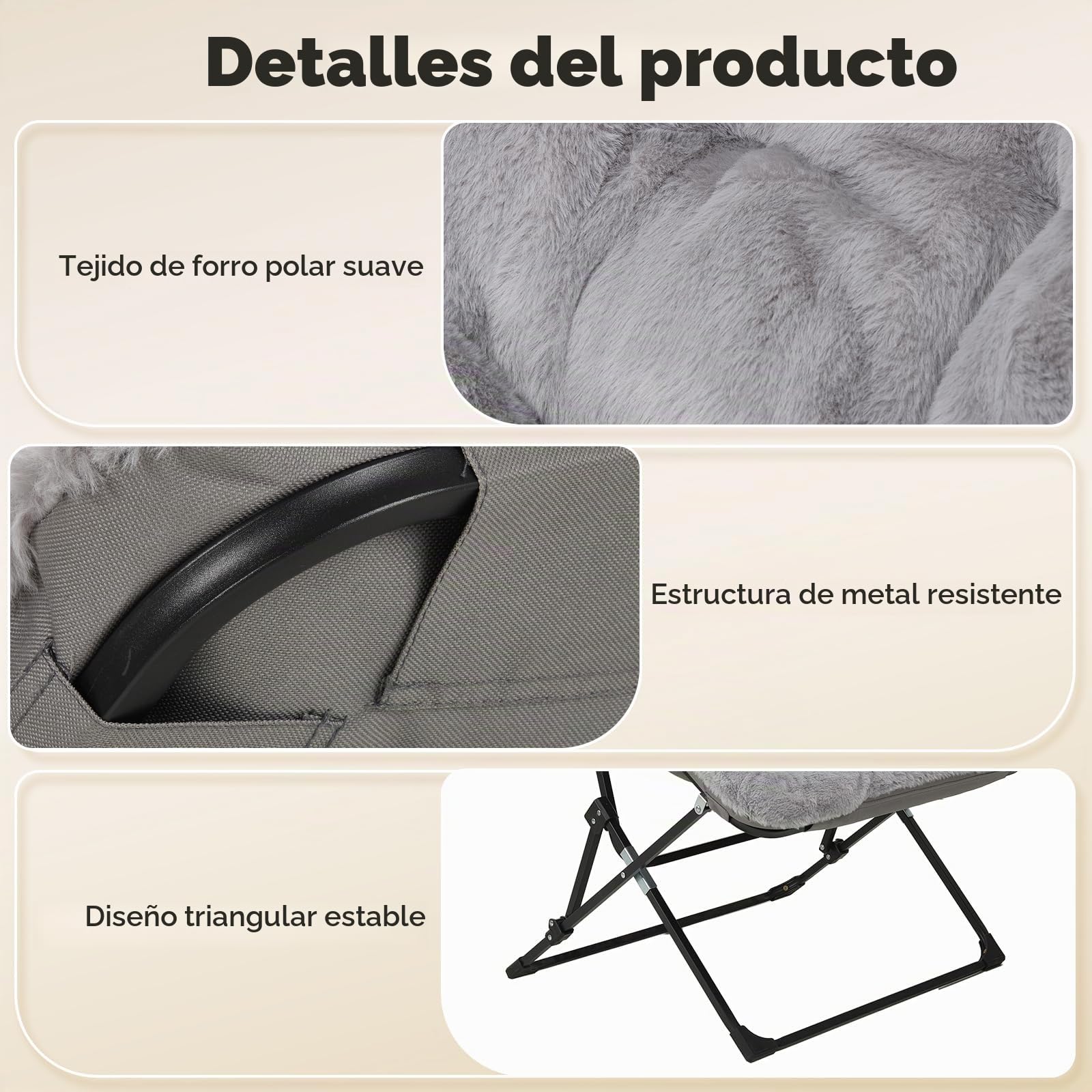 Sillón plegable con reposapiés de 150 kg, forro polar, color gris