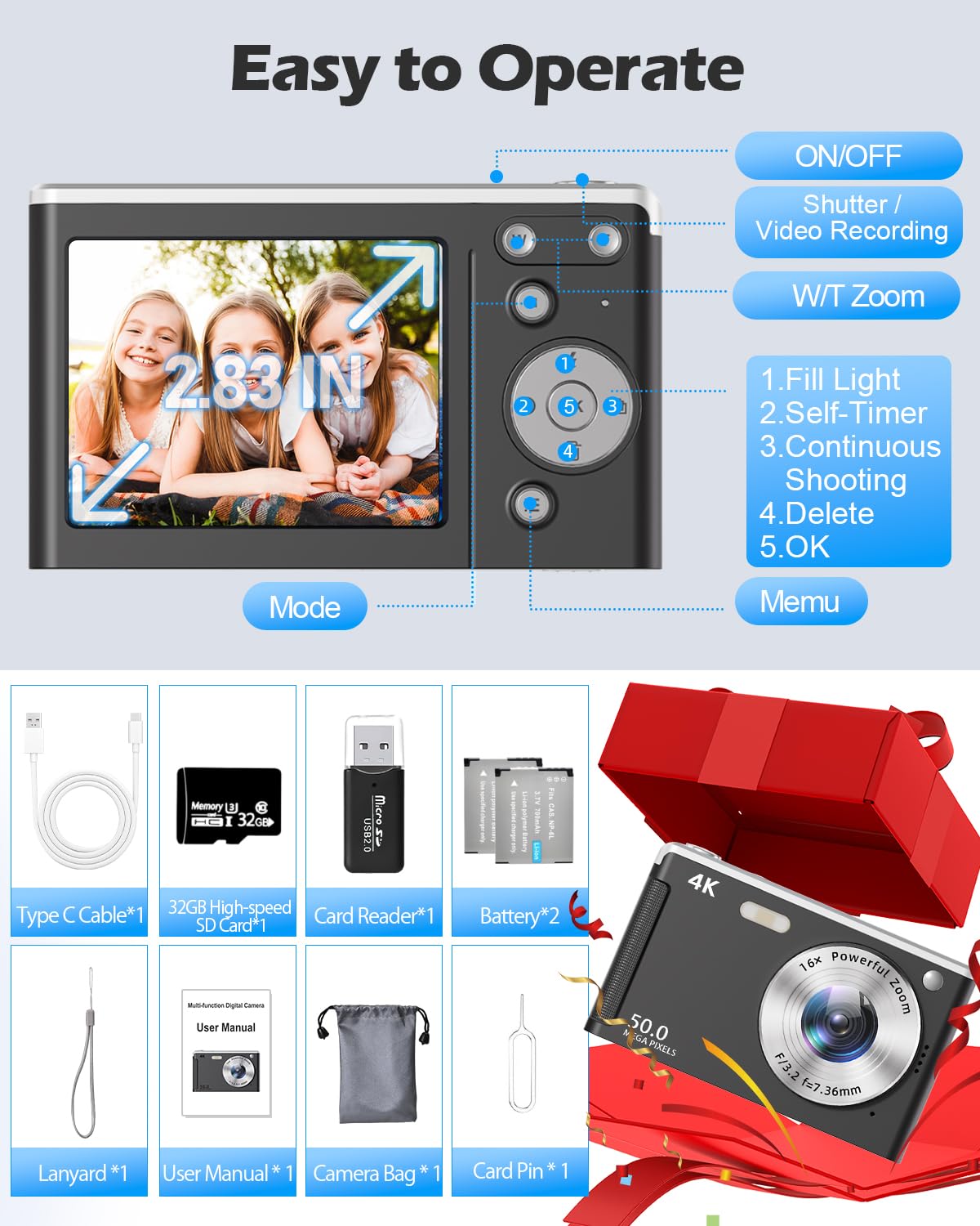 Appareil Photo Numérique UHD 4K 50MP Autofocus avec Carte SD 32 Go, Zoom 16X, Anti-Shake, 2 Batteries, Compact Noir