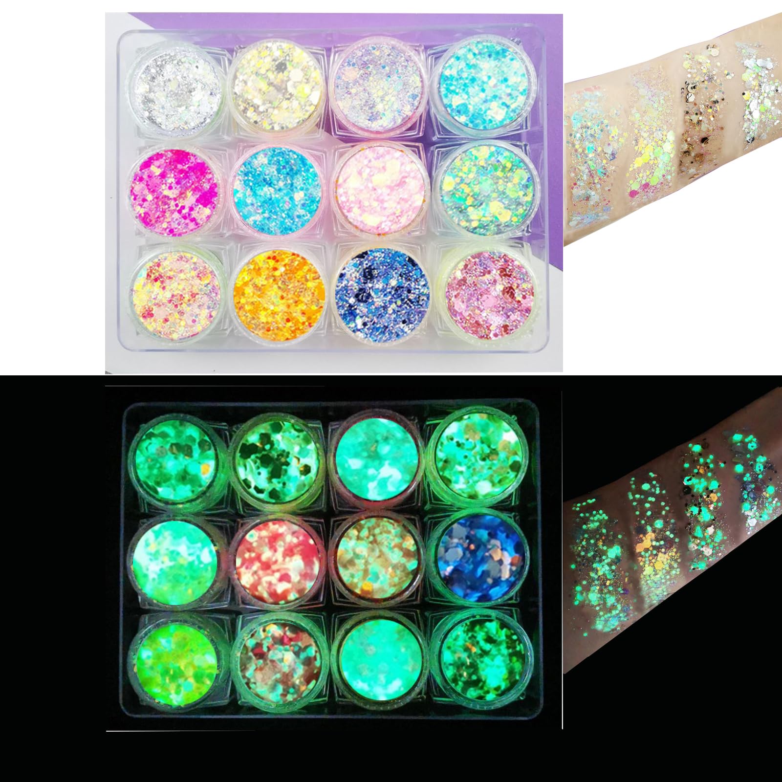 Brillos Corporales Luminosos,Gel De Purpurina Luminoso,Brillo Cara Fluorescente,12 Colores Cosméticos Iridiscente Glitter,Gel Corporal Con Purpurina Para Uñas,Sombra De Ojos,Festival Purpurina,Pelo