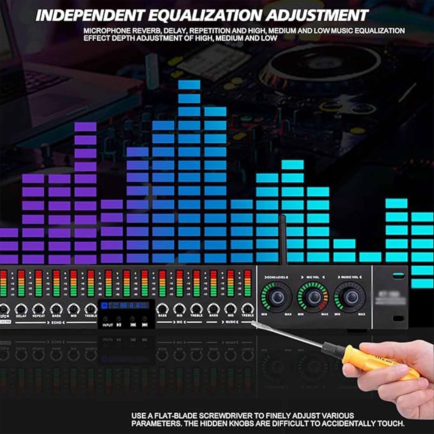 Ecualizador de audio digital, preamplificador profesional con interfaz de micrófono de 5 canales, antiaullidos con un solo clic, ajustes de micrófono/música/reverberación independientes para eventos