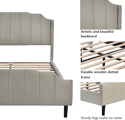 Miniatura 4 de Cama de plataforma tapizada, base de cama de madera tamaño Queen con cabecero y estribo de estilo a rayas verticales, muebles de dormitorio para