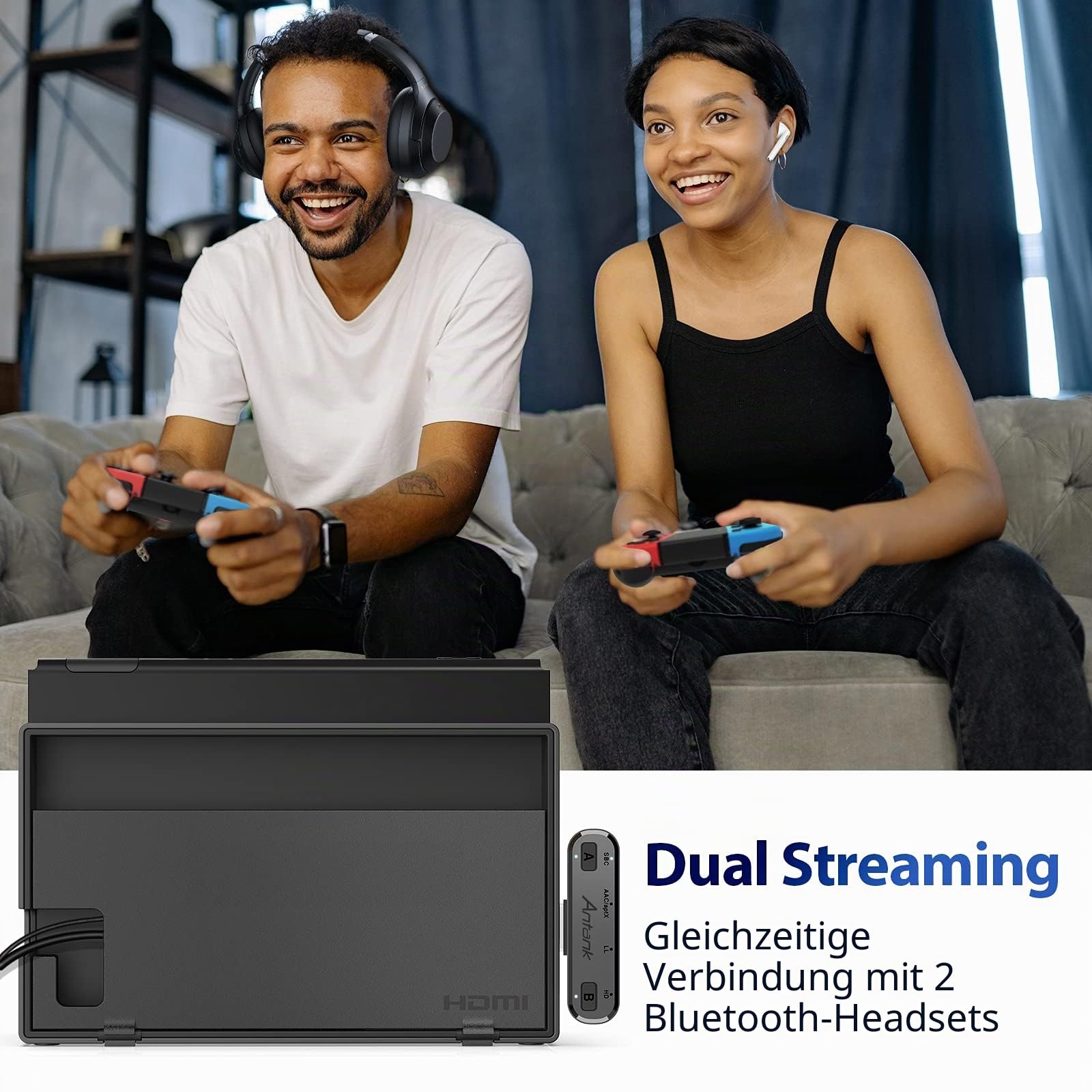 Antank Bluetooth Audio Sender unterstützt aptX-HD aptX Low Latency AAC SBC kompatibel mit Nintendo Switch/Lite/OLED/ PS4/ PS5/ PC Dual Streaming Bluetooth Adapter mit In-Game Sprachmikrofon