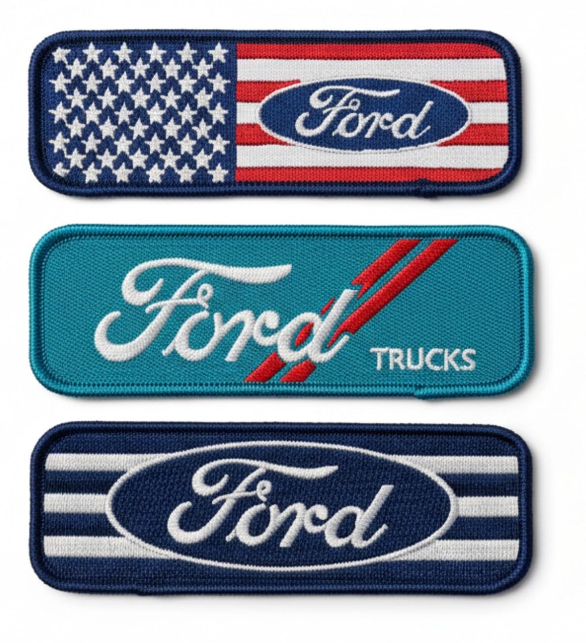 Lizenziertes Ford-Heißsiegel-Patch, 3er-Set, hergestellt in den USA, ovales Ford-Logo, ovale Sterne und Streifen und Ford Trucks-Logo, Set Nr. 1