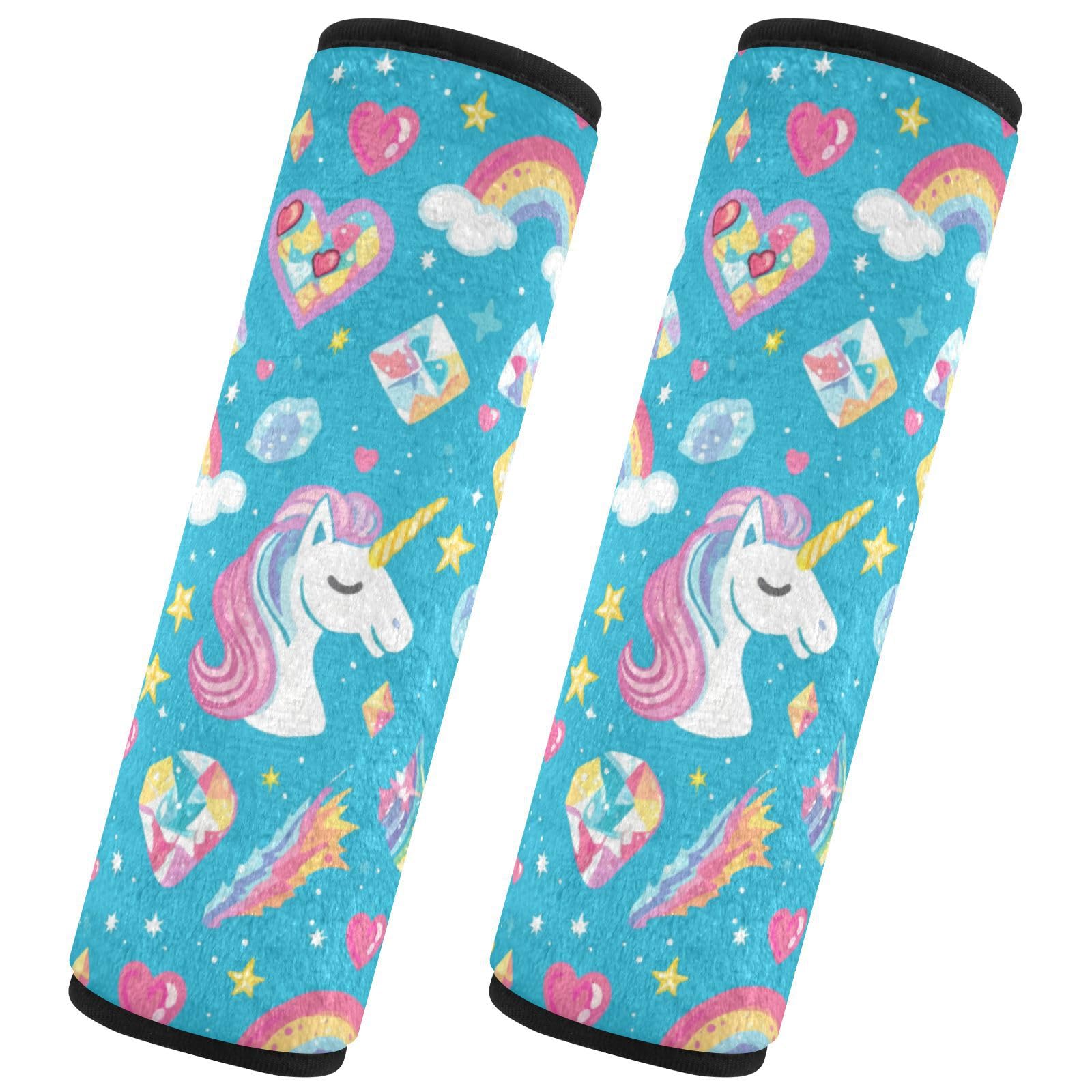 Seat Belt Covers 2 Pack Unicorns Head Hearts Car Seat Strap Covers Super Soft Diamonds Rainbows Car Seat Neck Cover for Boys Girls Adults Babies M