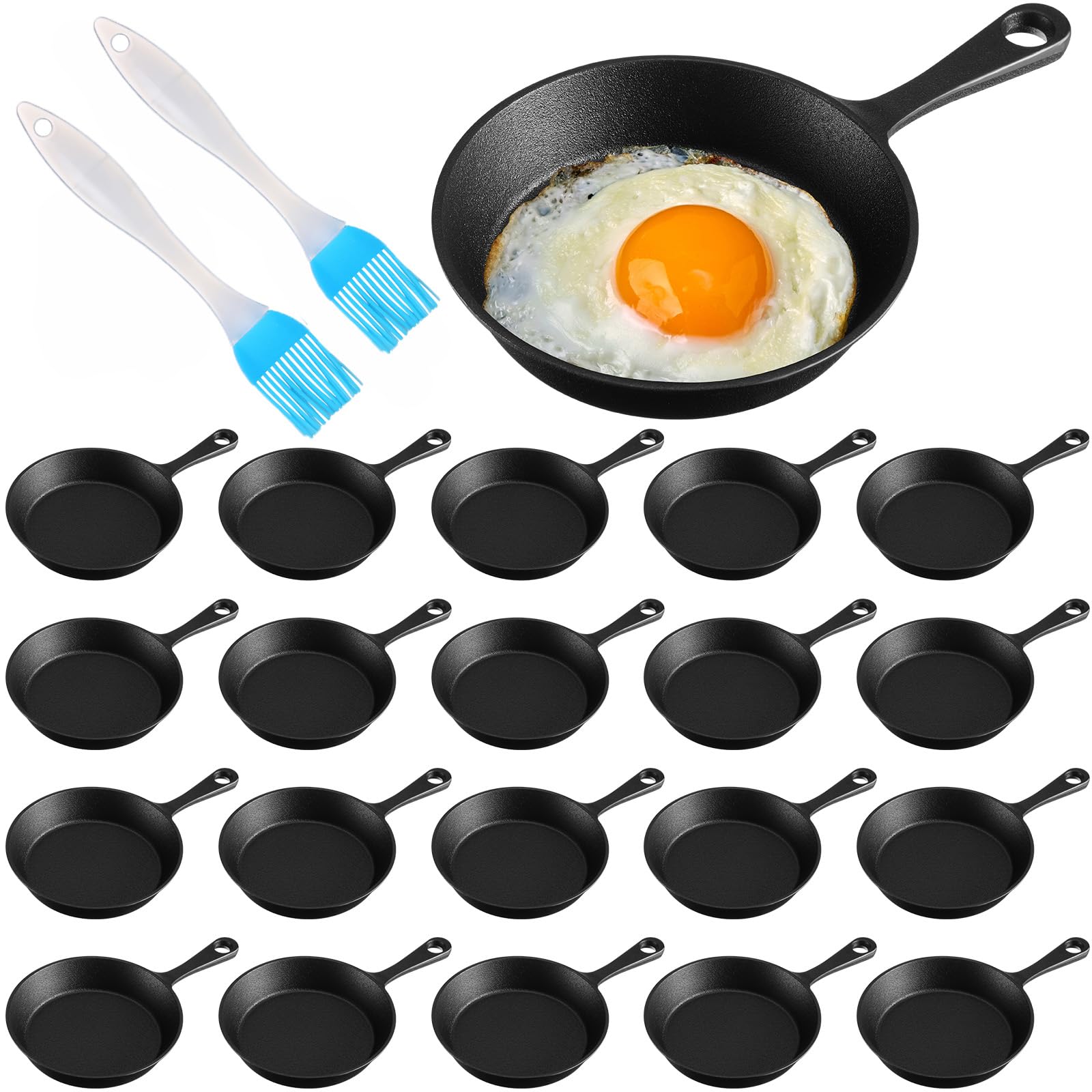 Photo 1 of Remerry 20 Sets 4 Inches Cast Iron Skillets Mini Black Iron Nonstick Frying Pan Small Sizzling Plate Egg Pan Cast Pot Bundle with Oil Brush for Indoor and Outdoor Restaurant Kitchen