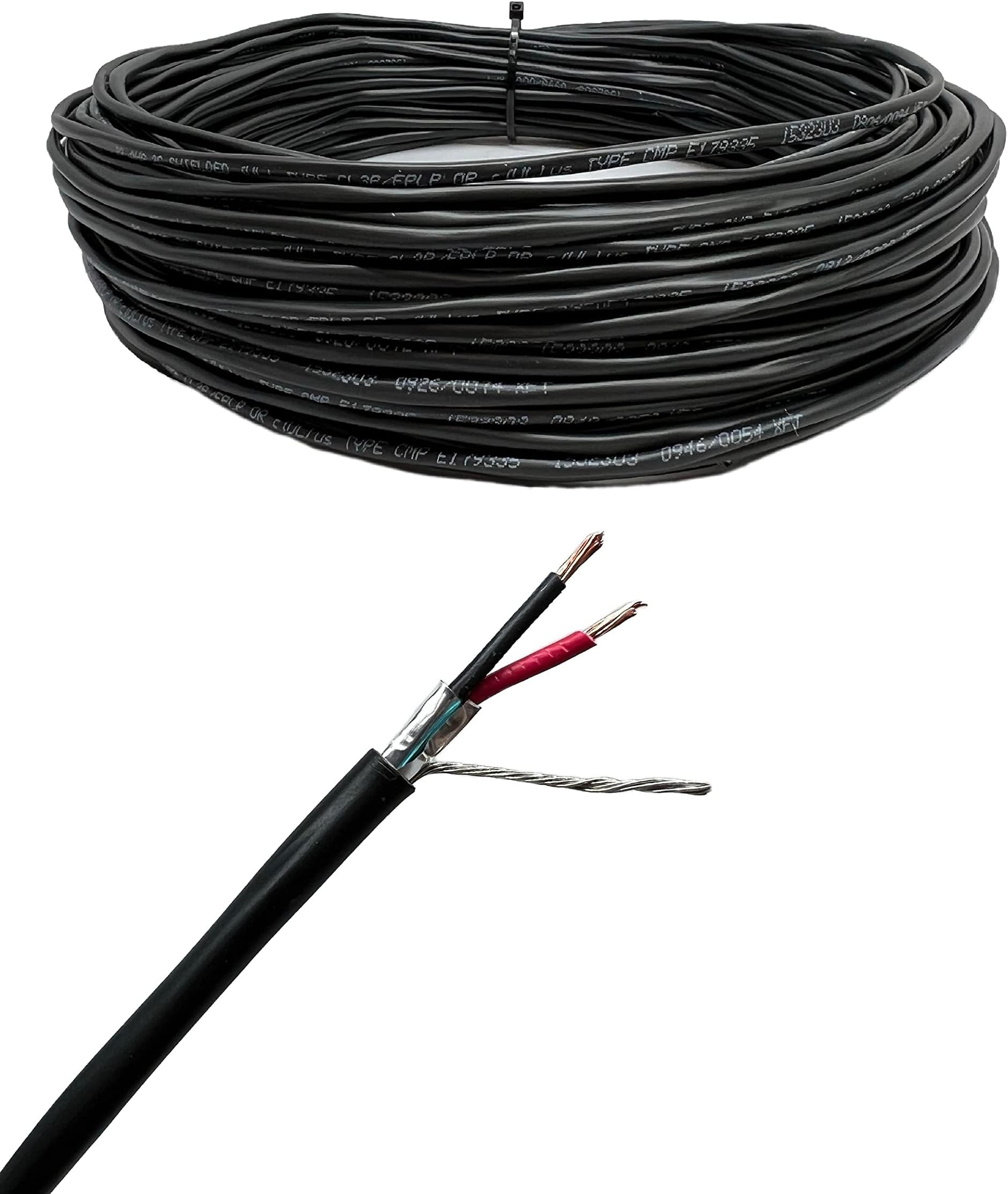 Custom Cable Connection22 AWG 2 Conductor Stranded Shielded Plenum Cable Black CL3P Jacket - 500 Foot Spool