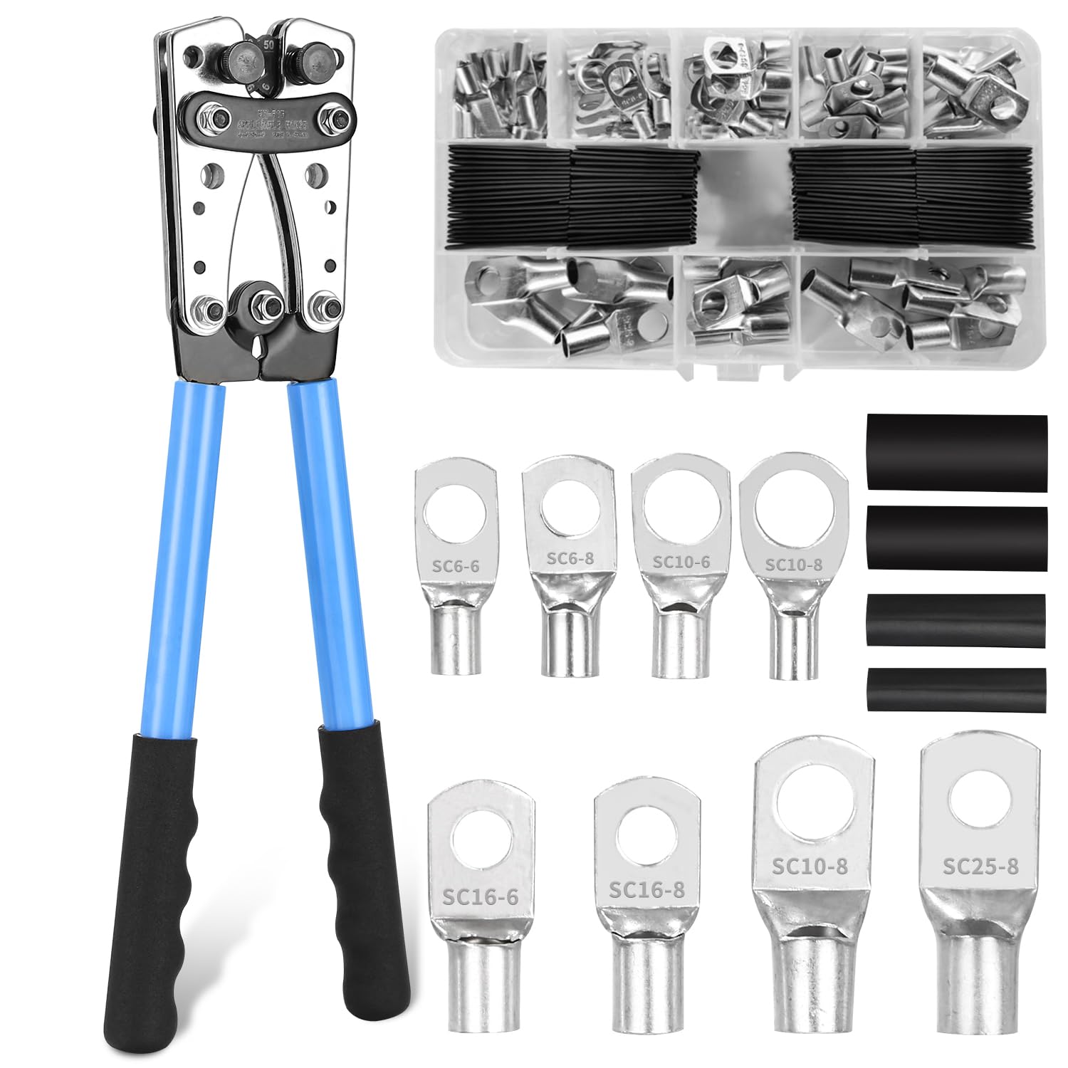 Pinza crimpatrice 10 – 1/0 AWG grande pinza crimpatrice capicorda 6/10/16/25/35/50 mm² con 8 misure, 60 morsetti ad anello in rame + 80 tubi termoretraibili