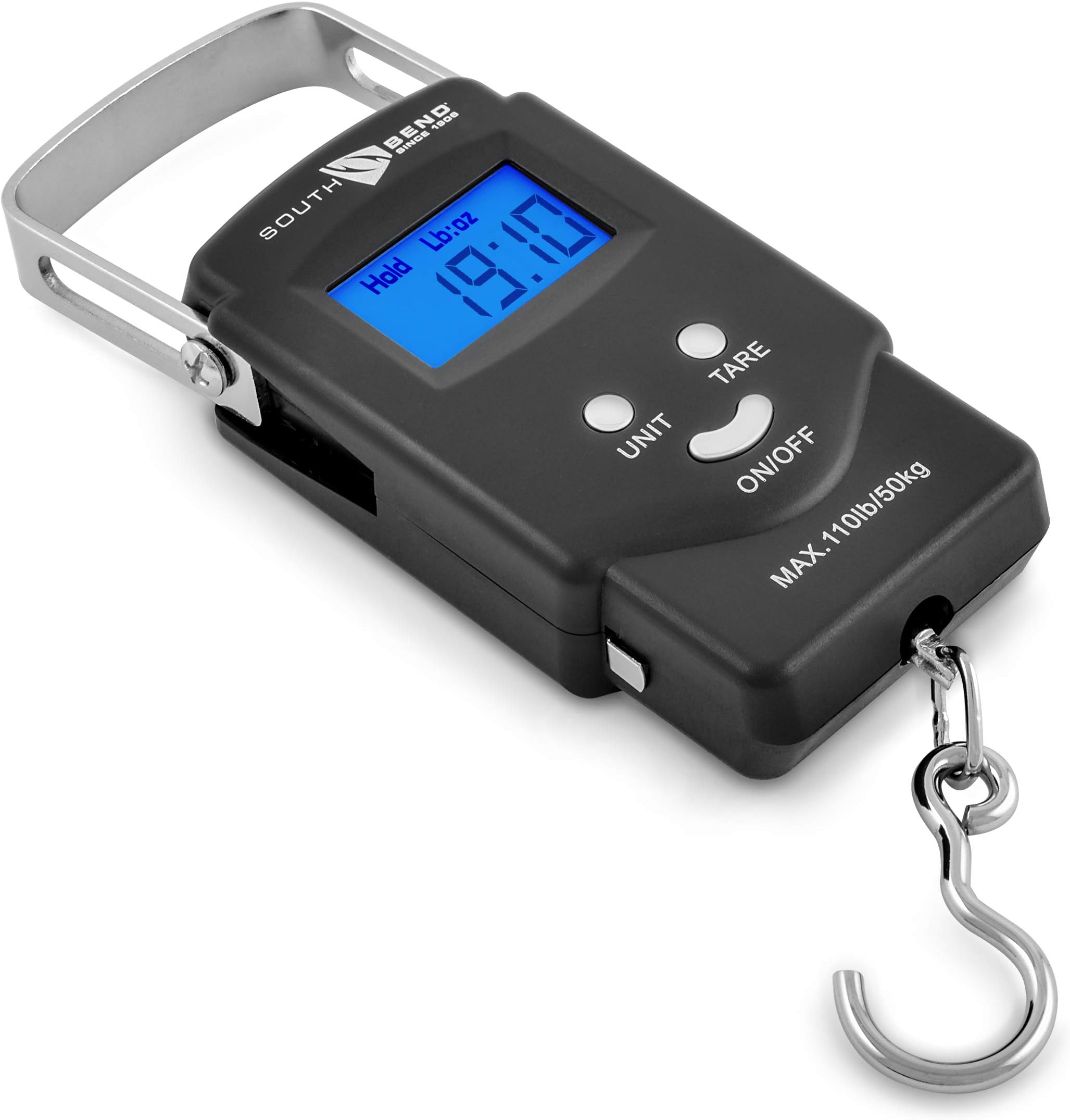 South Bend Digital Hanging Fishing Scale and Tape Measure with Backlit LCD Display, 110lb/50kg Weight Capacity (Batteries Included)