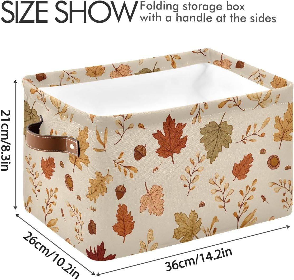 Retro Maple Leaf Autumn Storage Basket,Large Storage Bin Fabric Collapsible Organizer Bag with Handles 15x11x9.5 inch