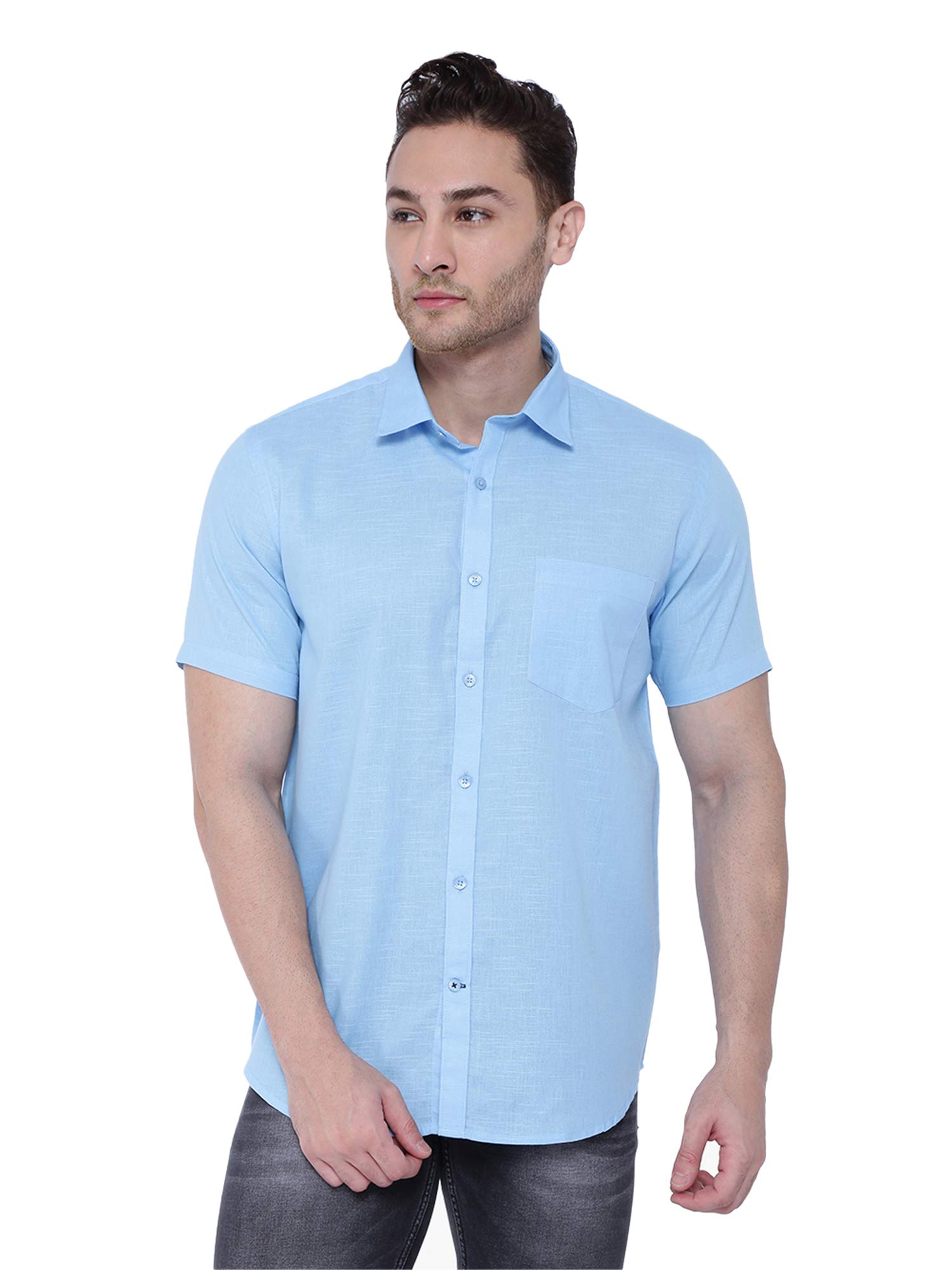 Southbay Men's Sky Blue Linen Cotton Half Sleeve Casual Shirt