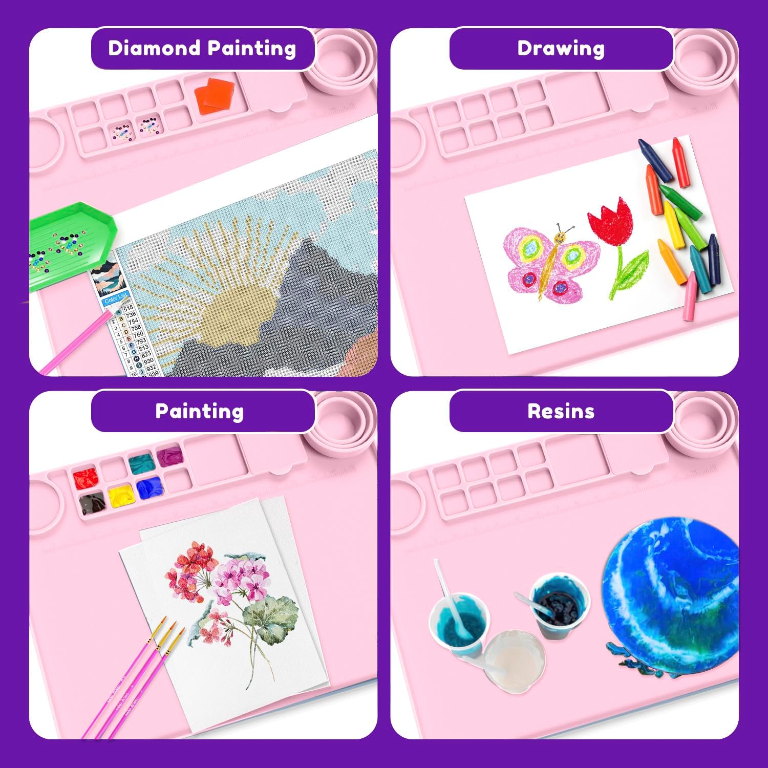 CHALKY CROWN - Silicone Mat with Silicone Cup for Crafts - Silicone Painting Mat - Thick Large Silicone Artist Mat with Cup & Raised Edge for Painting 17.7"x13.7" - Pink