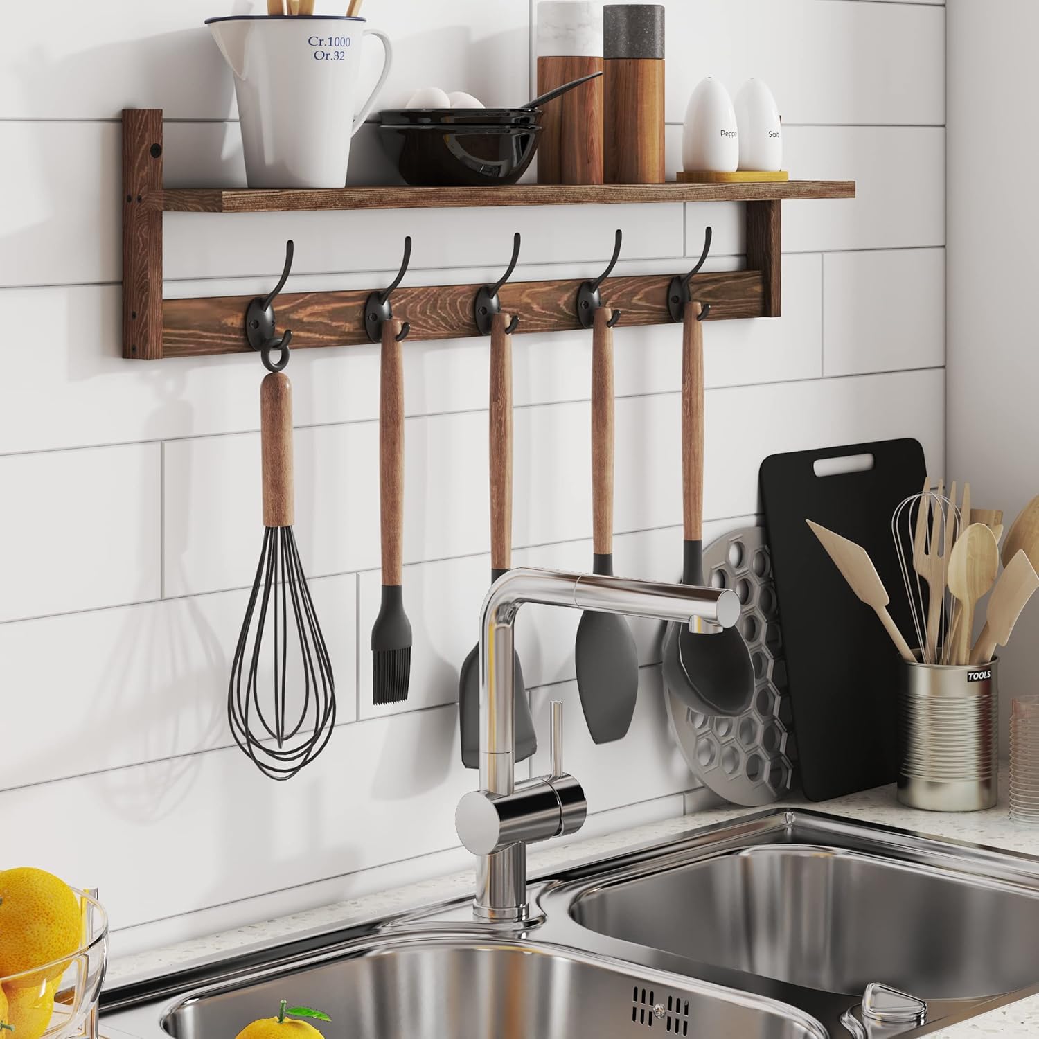 BAMEOS Gancio appendiabiti in legno a parete - Mensola lunga 73,5 cm con 5 doppi ganci in metallo, gancio per indumenti per ingresso, bagno, soggiorno, camera da letto, cucina, decorazione e