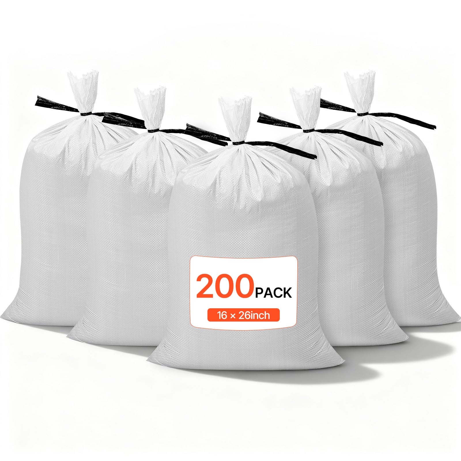 VEVOR Heavy Duty Sand Bags, 200Pack 16" x 26", Empty Sandbags for Flooding with Tie Strings, Woven Polypropylene Sand Bag with 1600 Hours of UV Protection for Flood Protection Barrier, 50Lbs Capacity