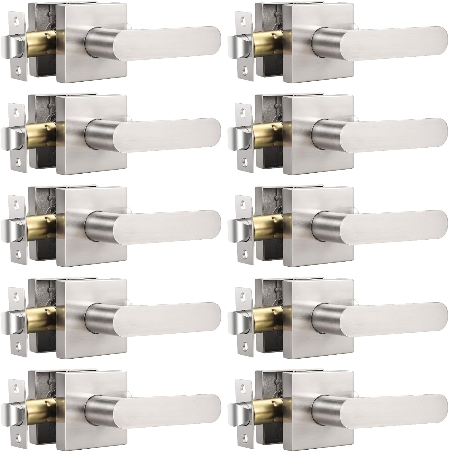 KNOBWELL 10 Pack Satin Nickel Door Handles Interior, Passage Door Levers Heavy Duty, Door Locks for Closet/Hallway, Brushed Nickel Door Knobs Door Lock Set