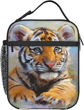 KiuLoam Insulated Lunch Box Oil Painting Baby Tiger Reusable Lunch Bag With Shoulder Strap For Women/Men/Girls/Boys Lunchbox Meal Tote Bag