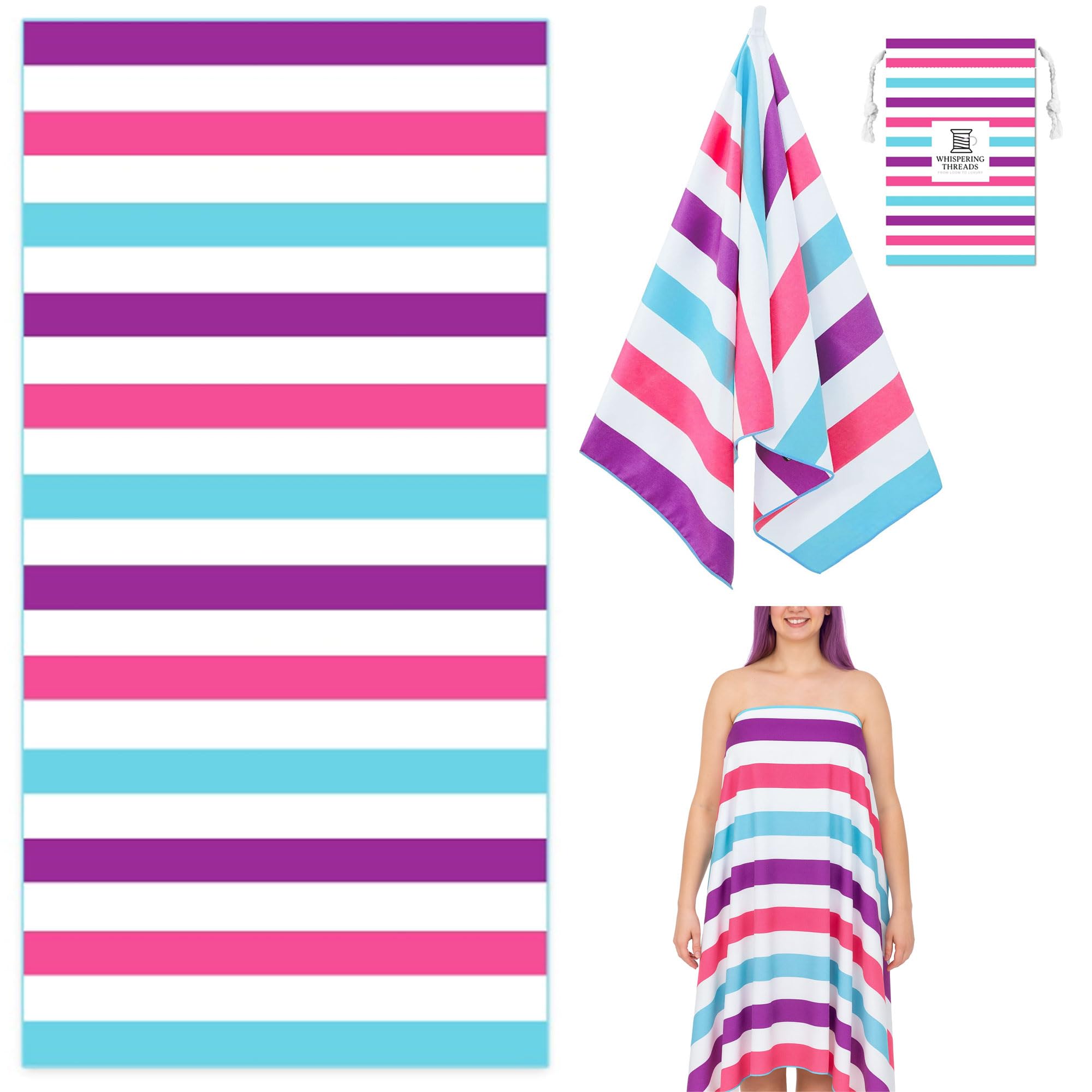 Whispering Threads (180x90cm Large Beach Towel for Adults Highly Absorbent Cabana Microfibre Pool Towel with Bag, Double Sided Print Lightweight Sand Free Bath Towel for Pool Camping Gym Yoga Pink