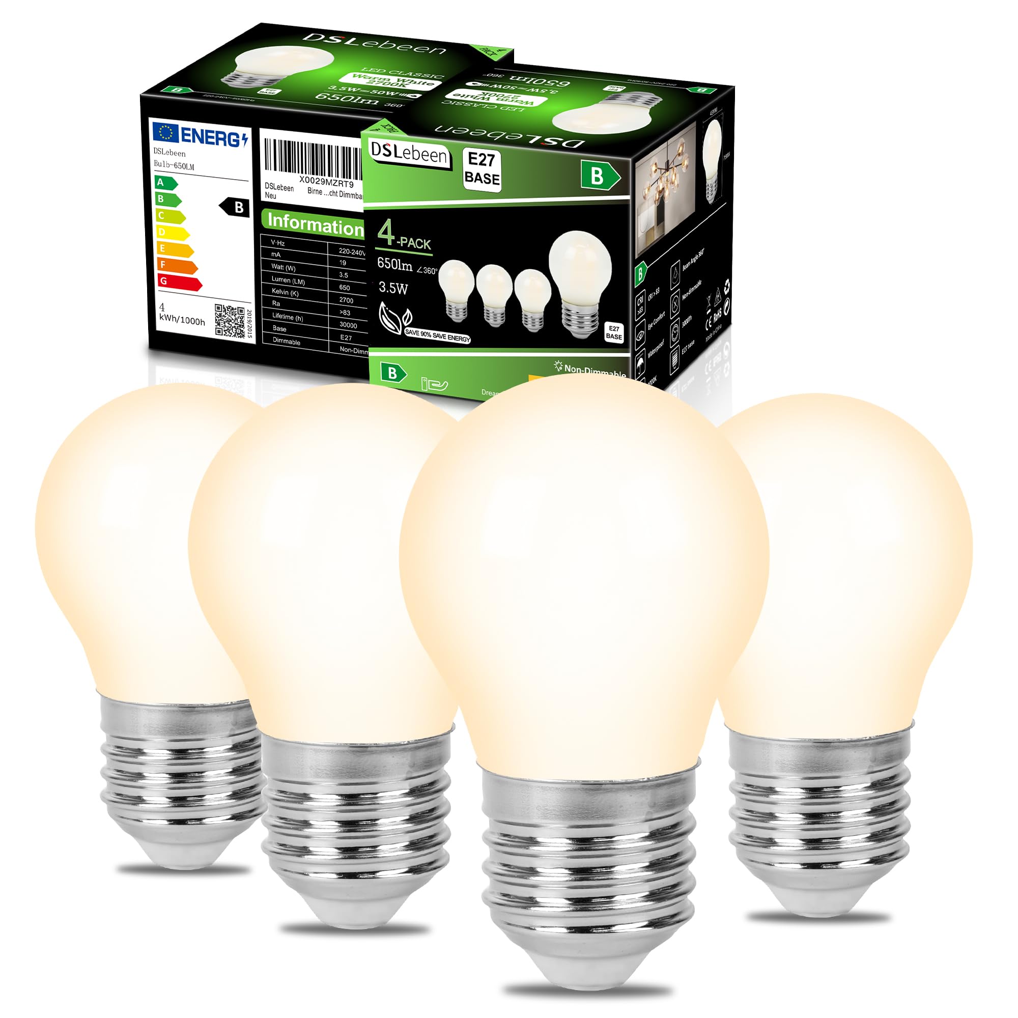 DSLebeen E27 Birne G45 Warmweiss LED Lampe 3.5W 650LM Glühbirne Warmweiß 2700K Filament Lampe Mattglas Ultraeffizient Nicht Dimmbar 4 Stück