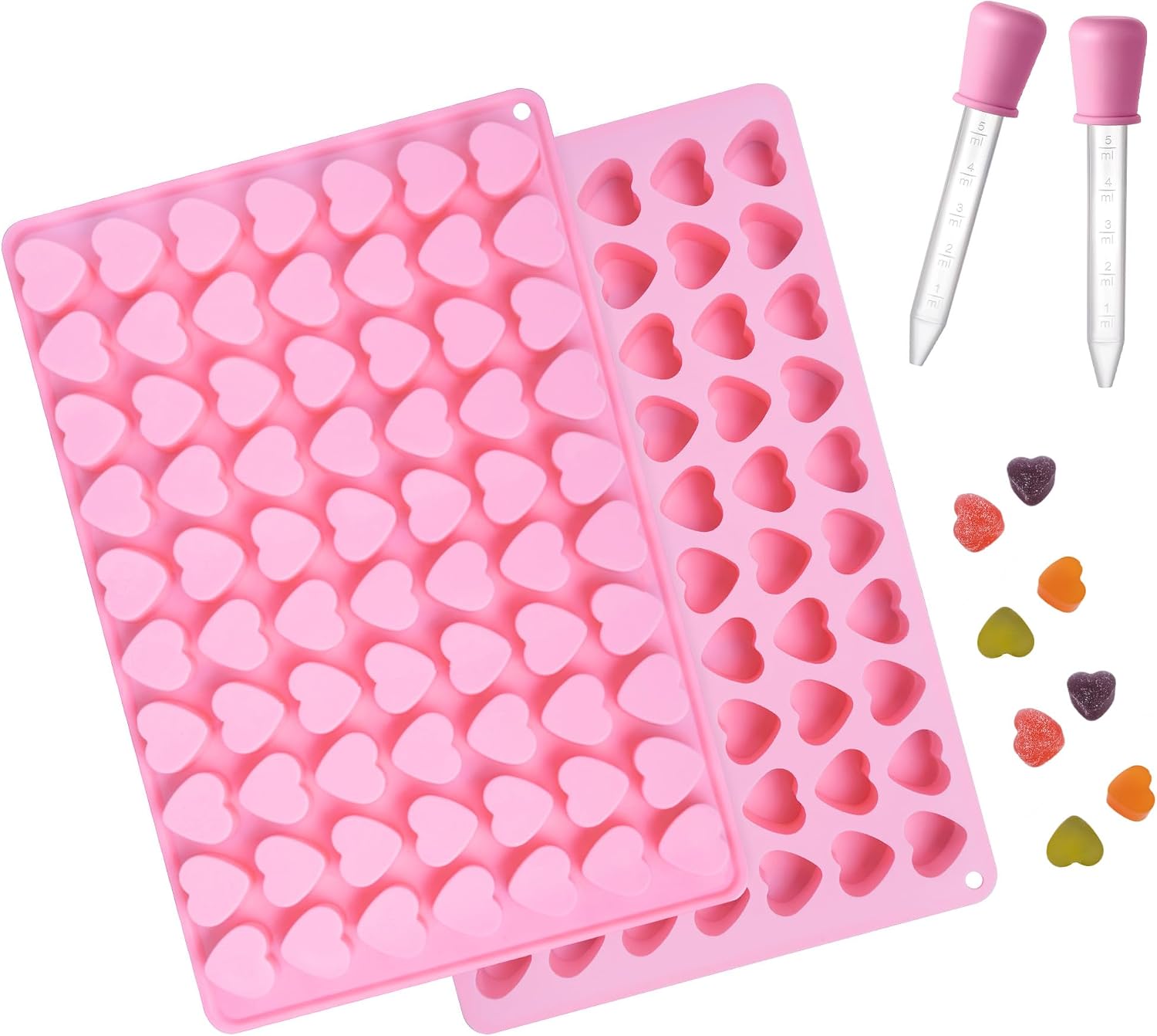 Heart Silicone Gummy Molds 2 Pack with 2 Droppers, Mini Chocolate Mold