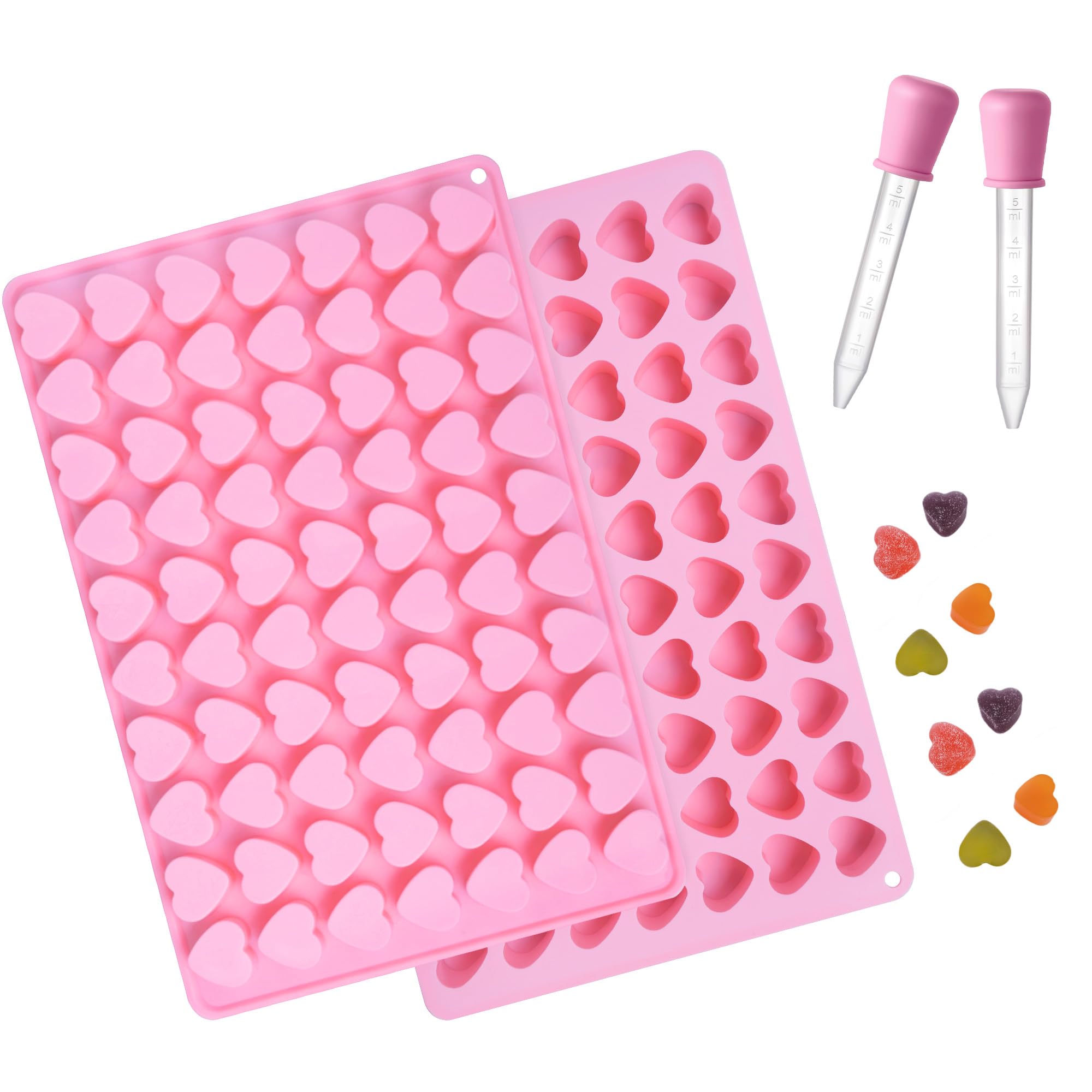 Heart Silicone Gummy Molds 2 Pack with 2 Droppers, Mini Heart Chocolate Mold, Non-Stick Food Grade Ice Cube Tray for Hard Candy, Homemade treats, Soap, Jelly (Pink)