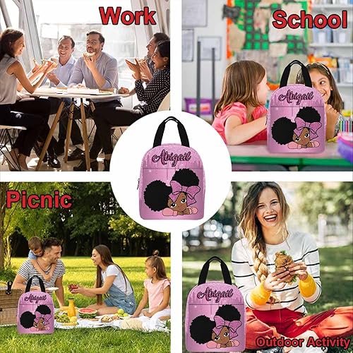 Miniatura 10 de Bolsa de almuerzo con nombre personalizado, patrón de empalme de girasol amarillo, bolsa de almuerzo aislada personalizada para Dauhgter Hijo,