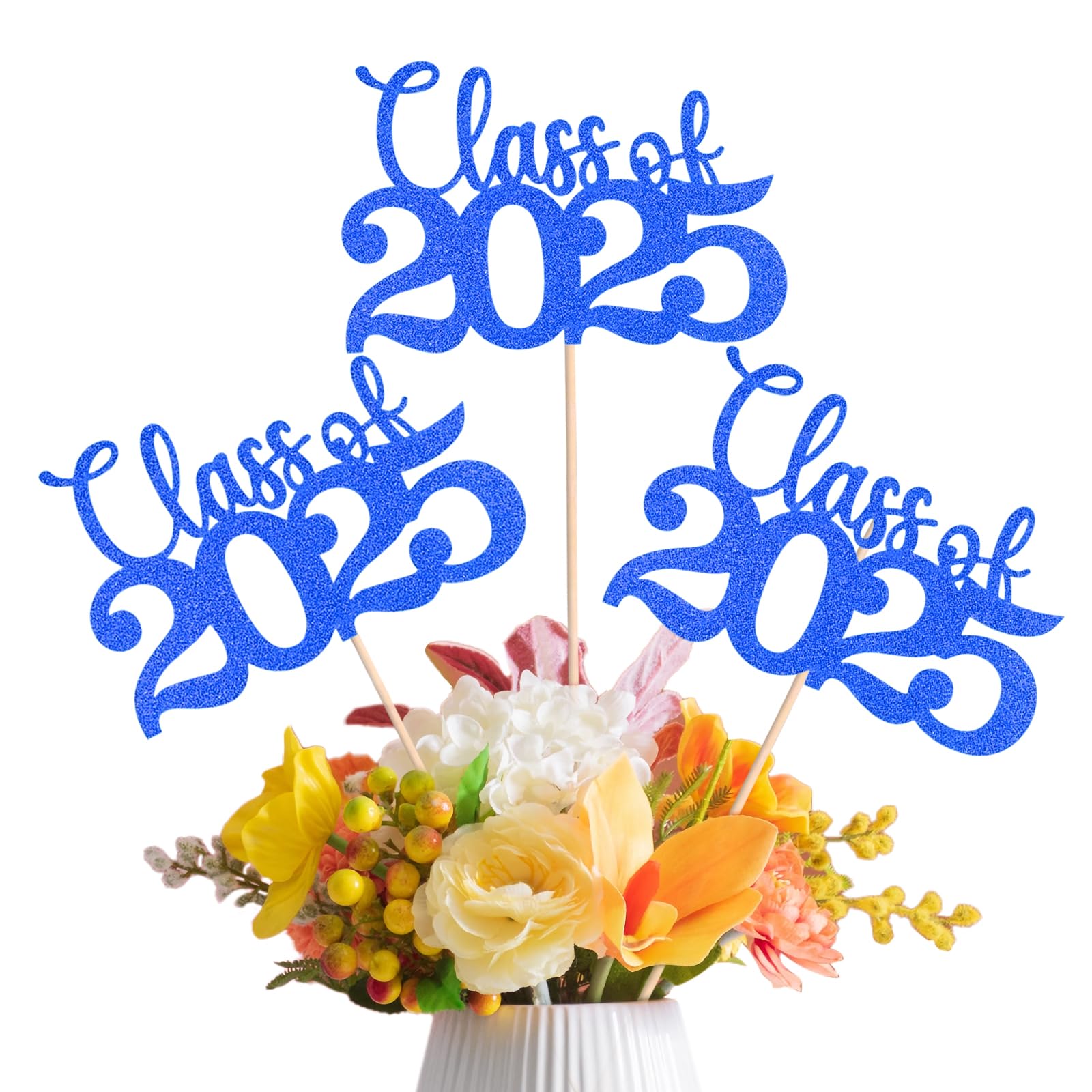 Cyunda Graduation Decorations 2025, Graduation Cake Topper and 16 PCS Class of 2025 Blue Glitter Double-Sided Table Centerpieces with Sticks, Grad